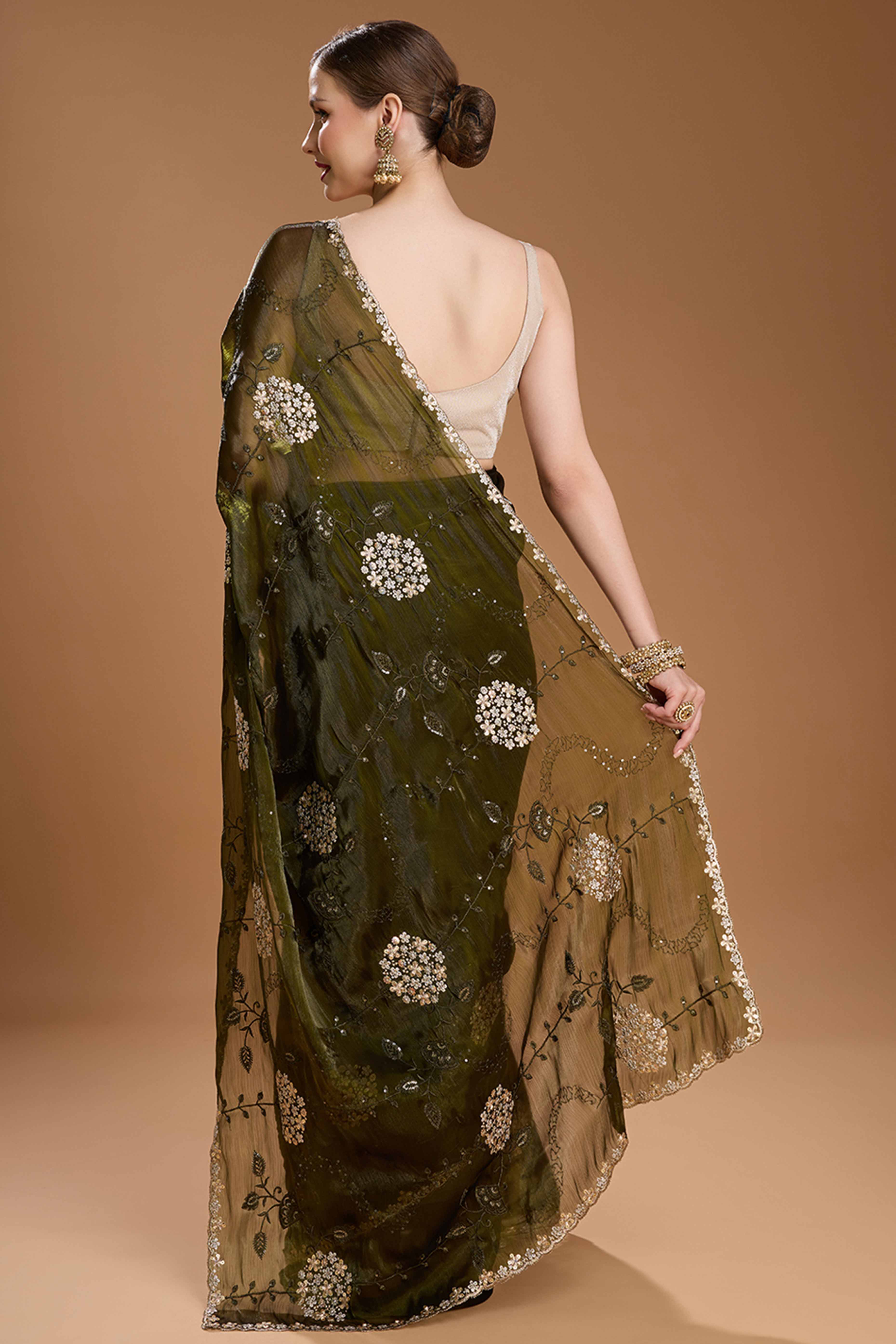 Mehandi Green Floral Design Organza Saree with Glittering Sequins Embroidery