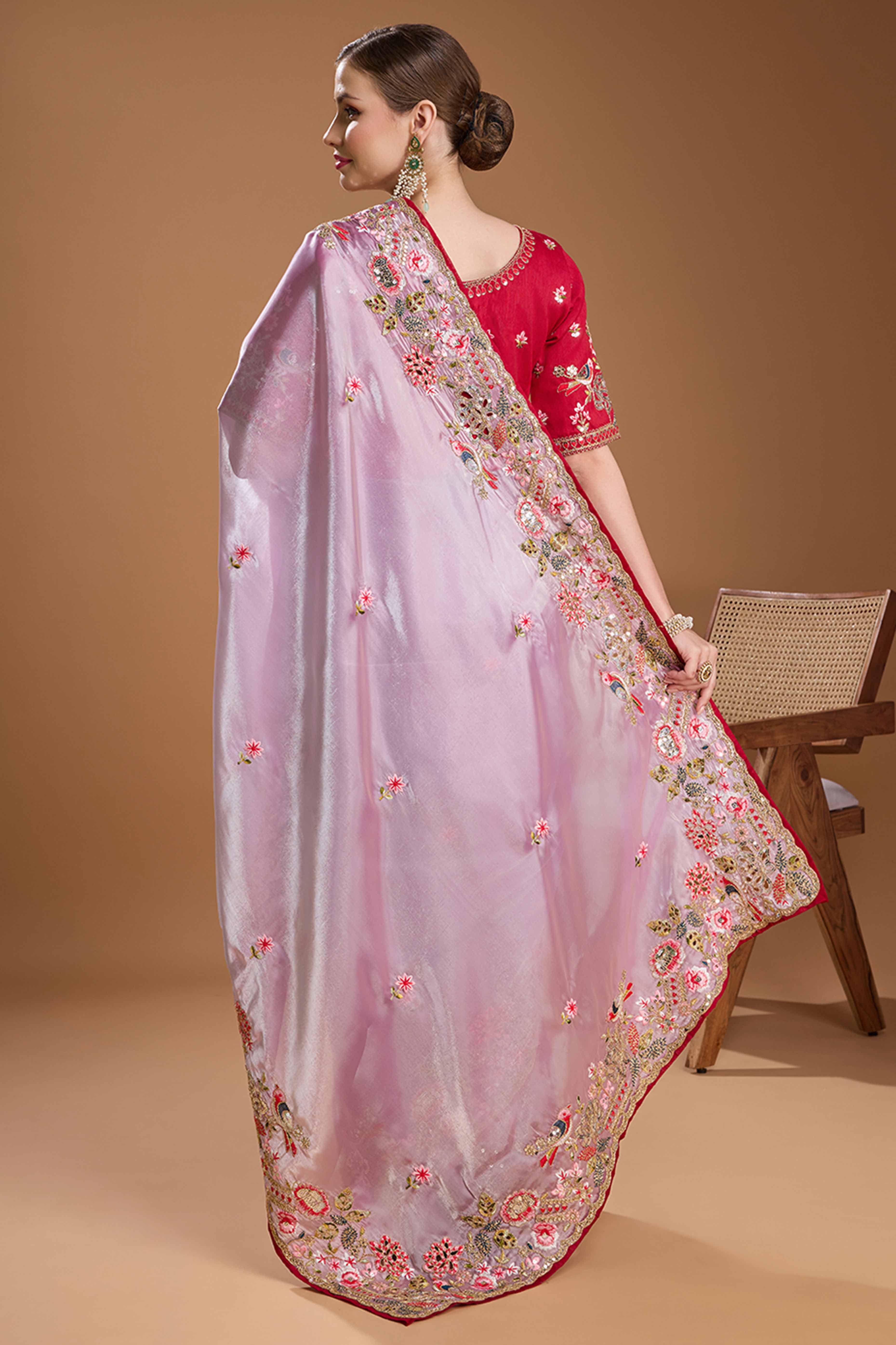 Light Purple Floral Design Organza Saree with Glittering Sequins Embroidery