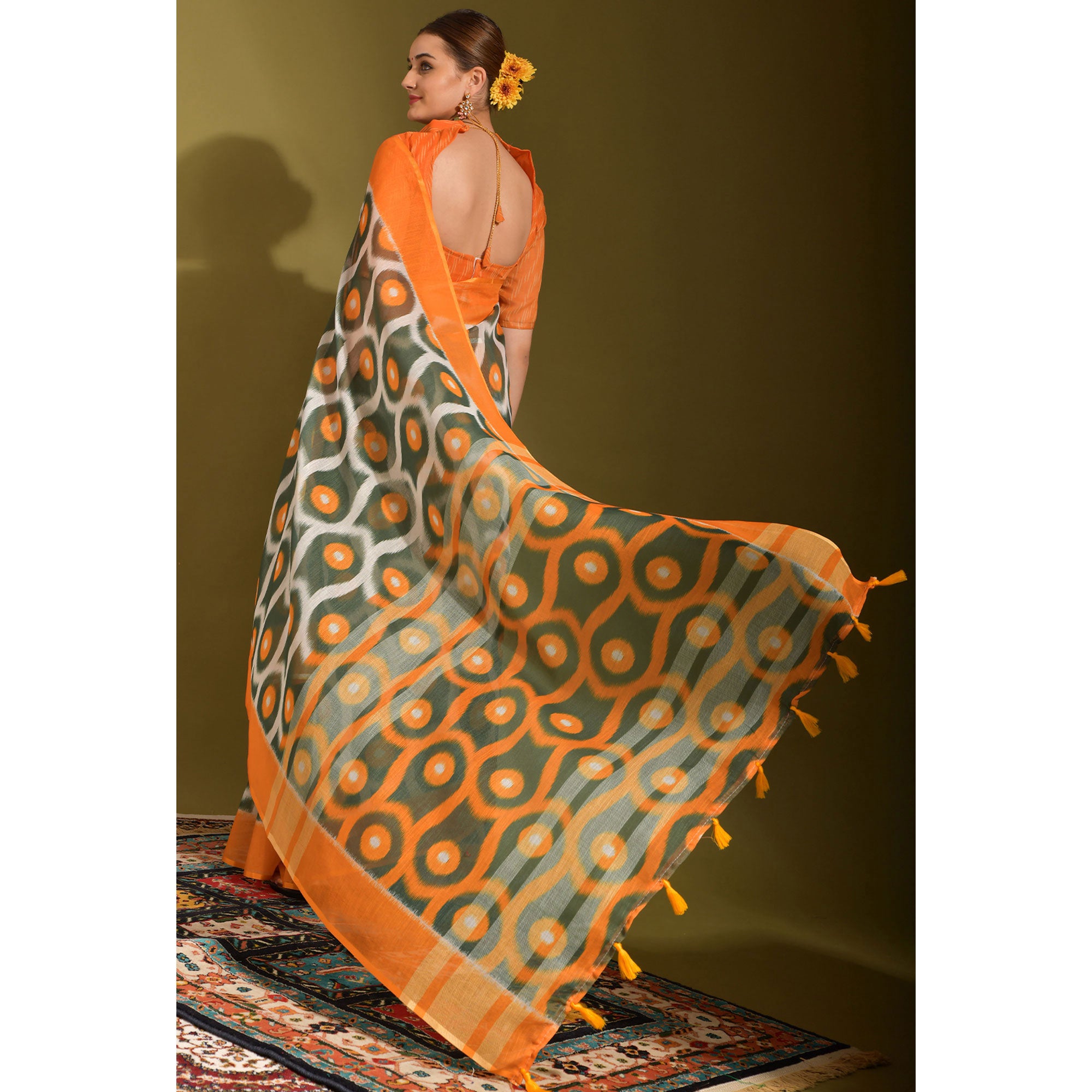 Orange Geometric Digital Printed Linen Saree With Tassels