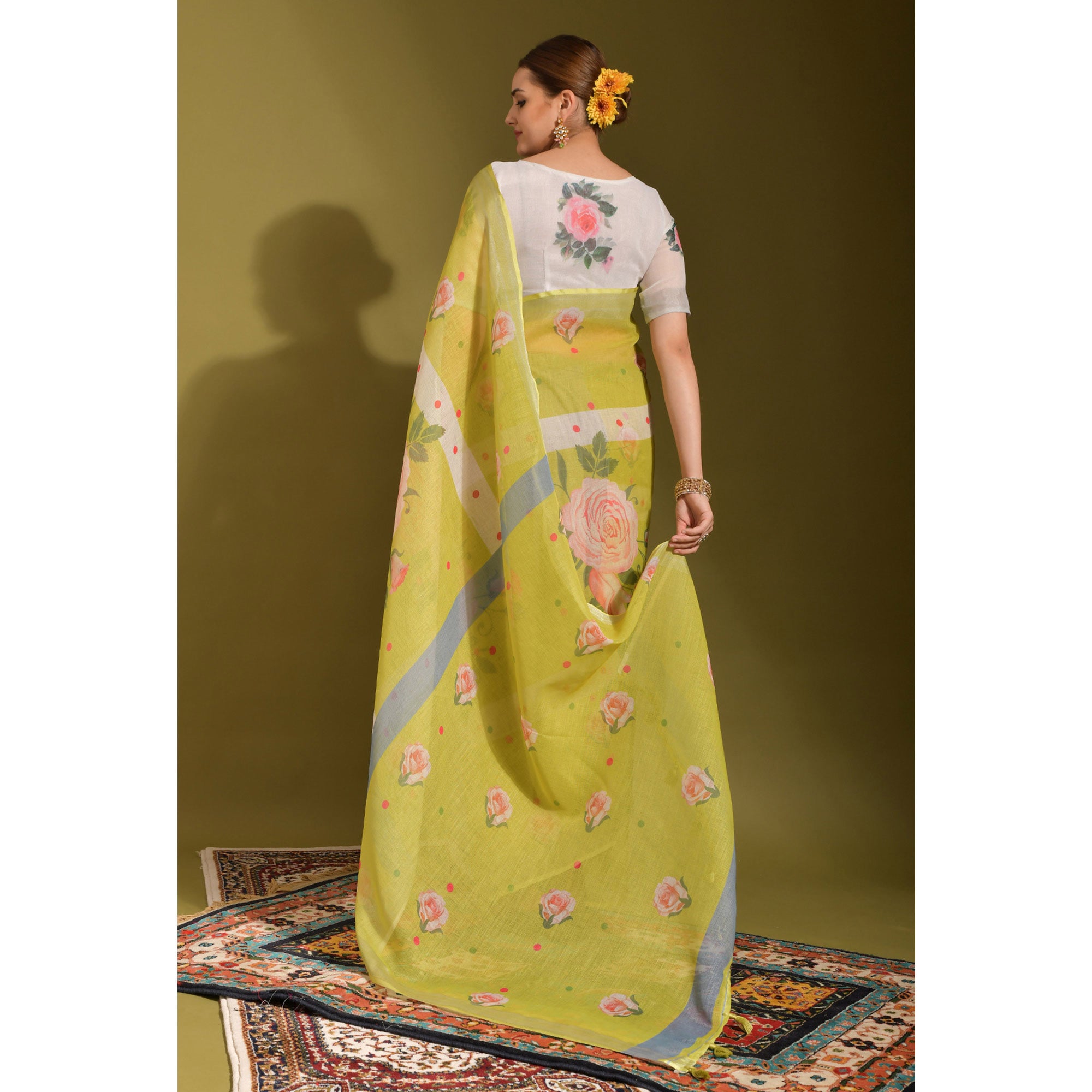 Green Floral Digital Printed Linen Saree With Tassels