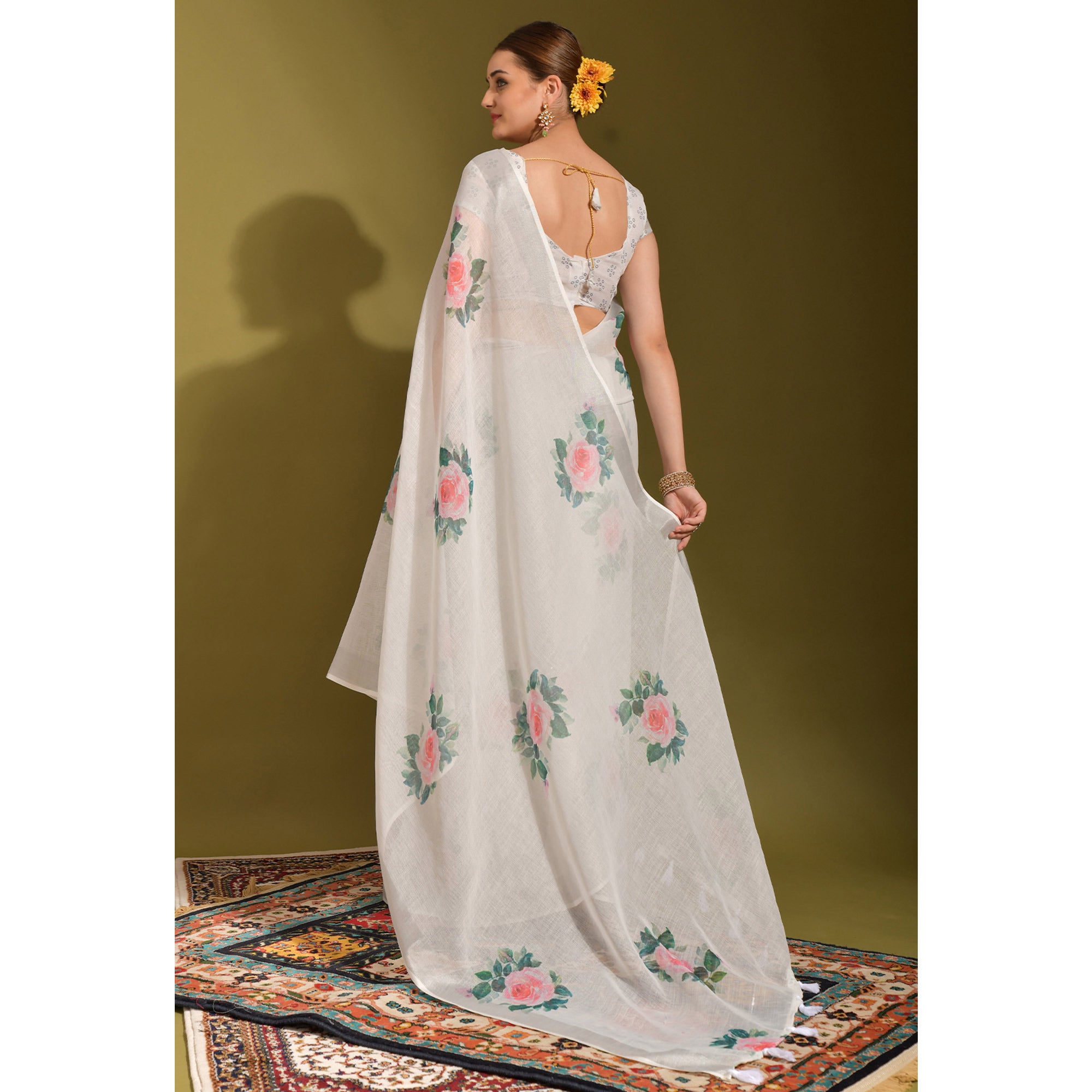 White Floral Digital Printed Linen Saree With Tassels