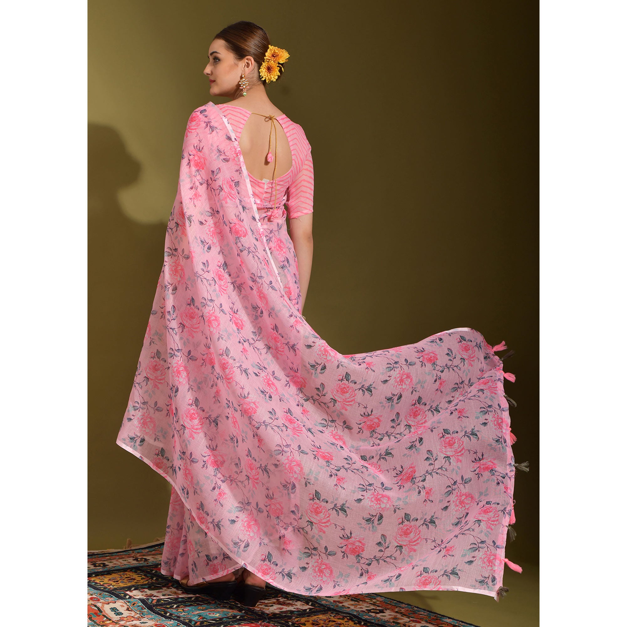 Pink Floral Digital Printed Linen Saree With Tassels