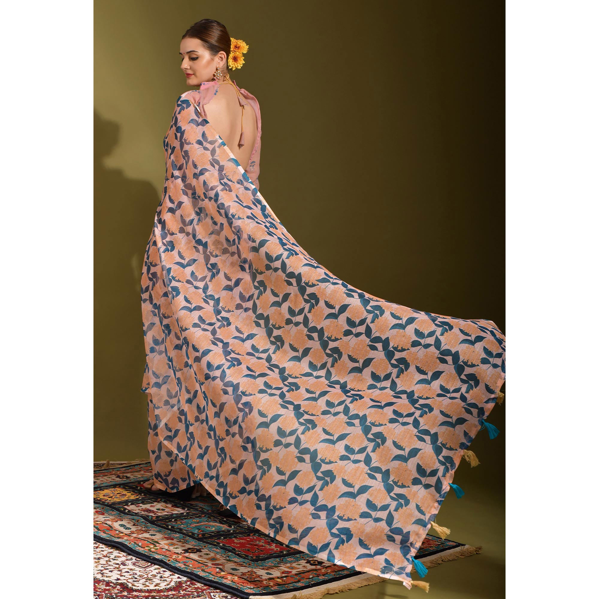 Peach Floral Digital Printed Linen Saree With Tassels