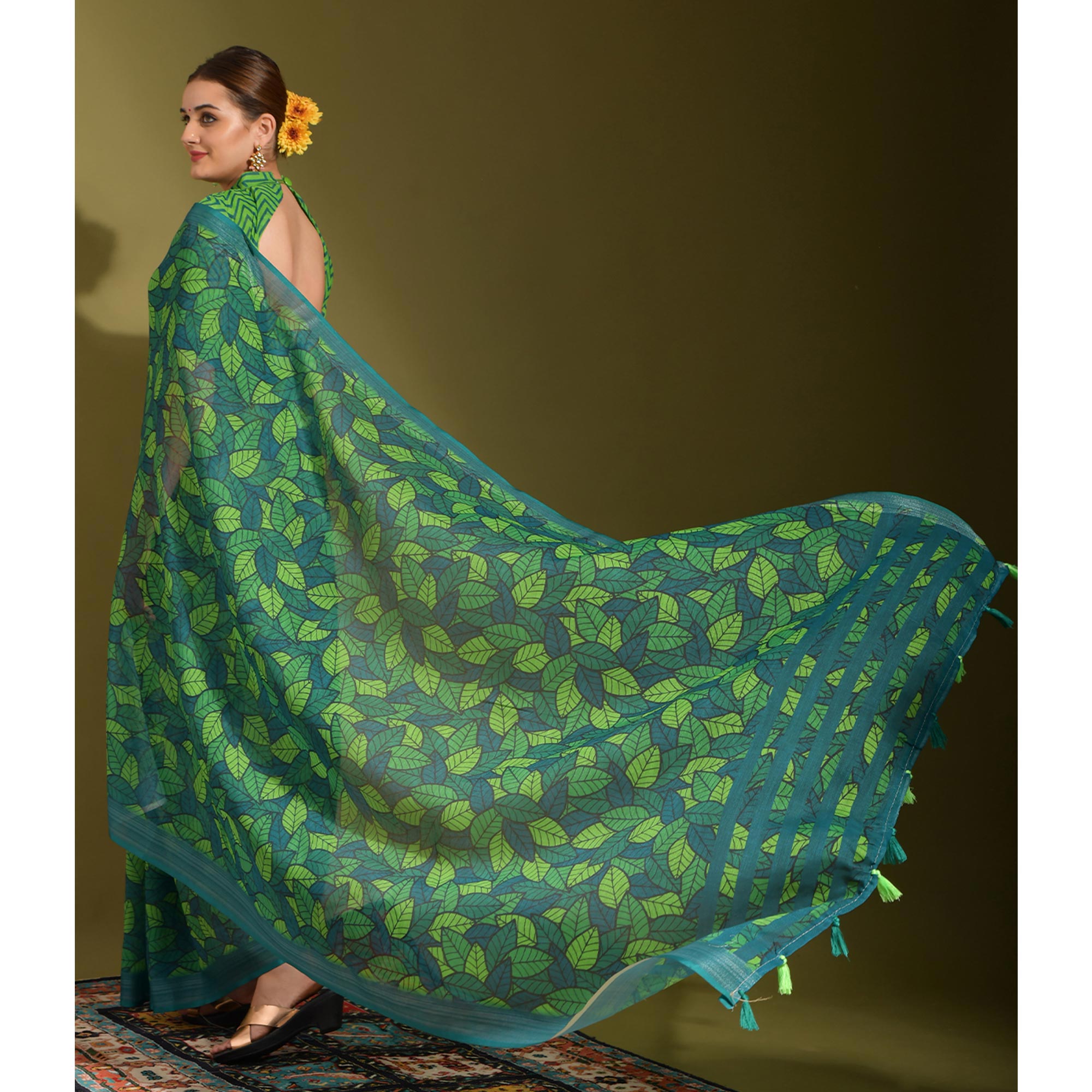 Green Digital Printed Linen Saree With Tassels