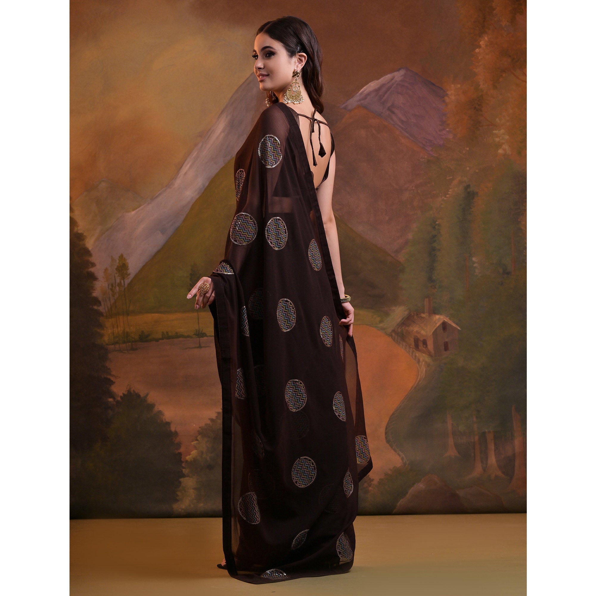 Dark Brown Sequins Embroidered Georgette Saree
