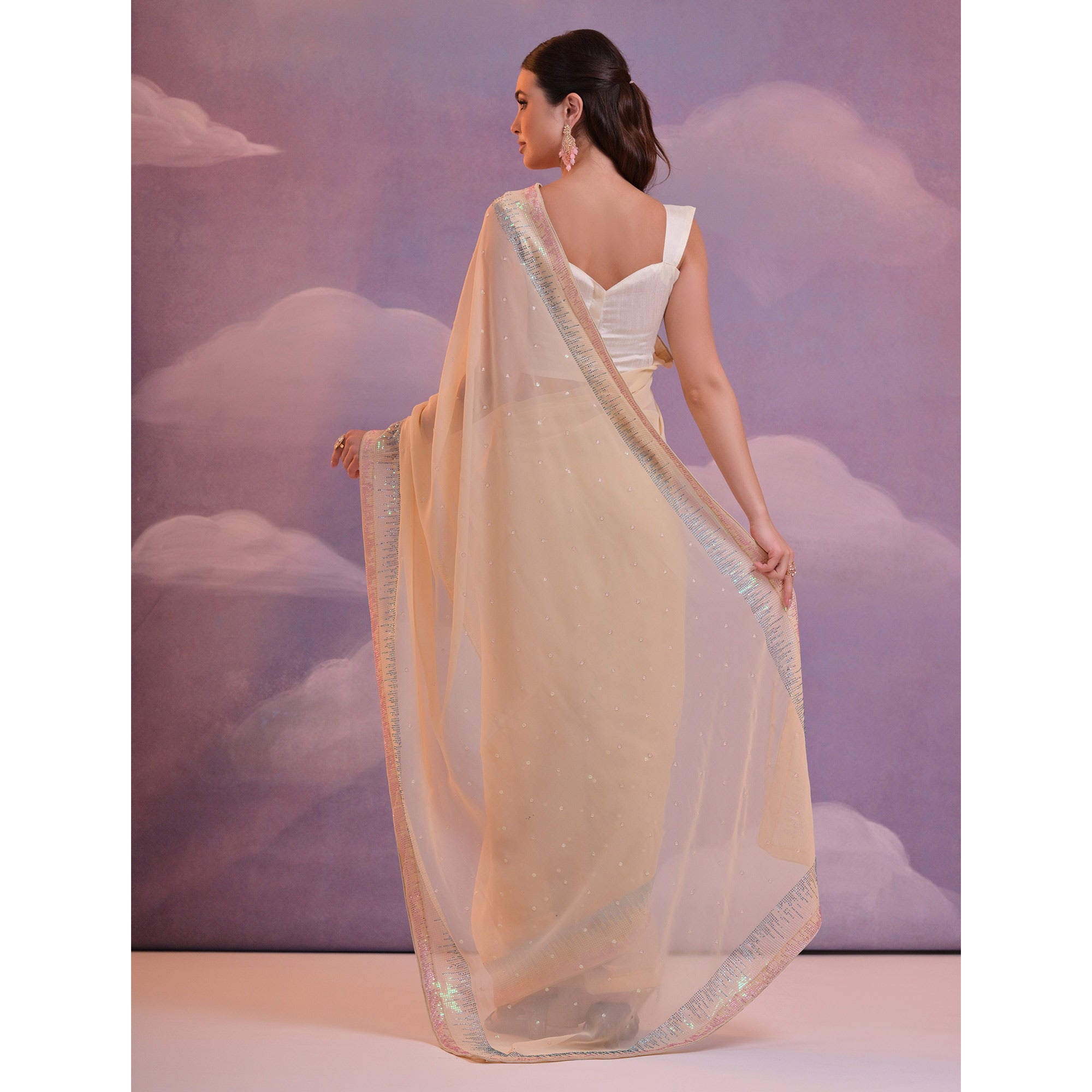 Cream Swarovski With Sequins Work Georgette Saree