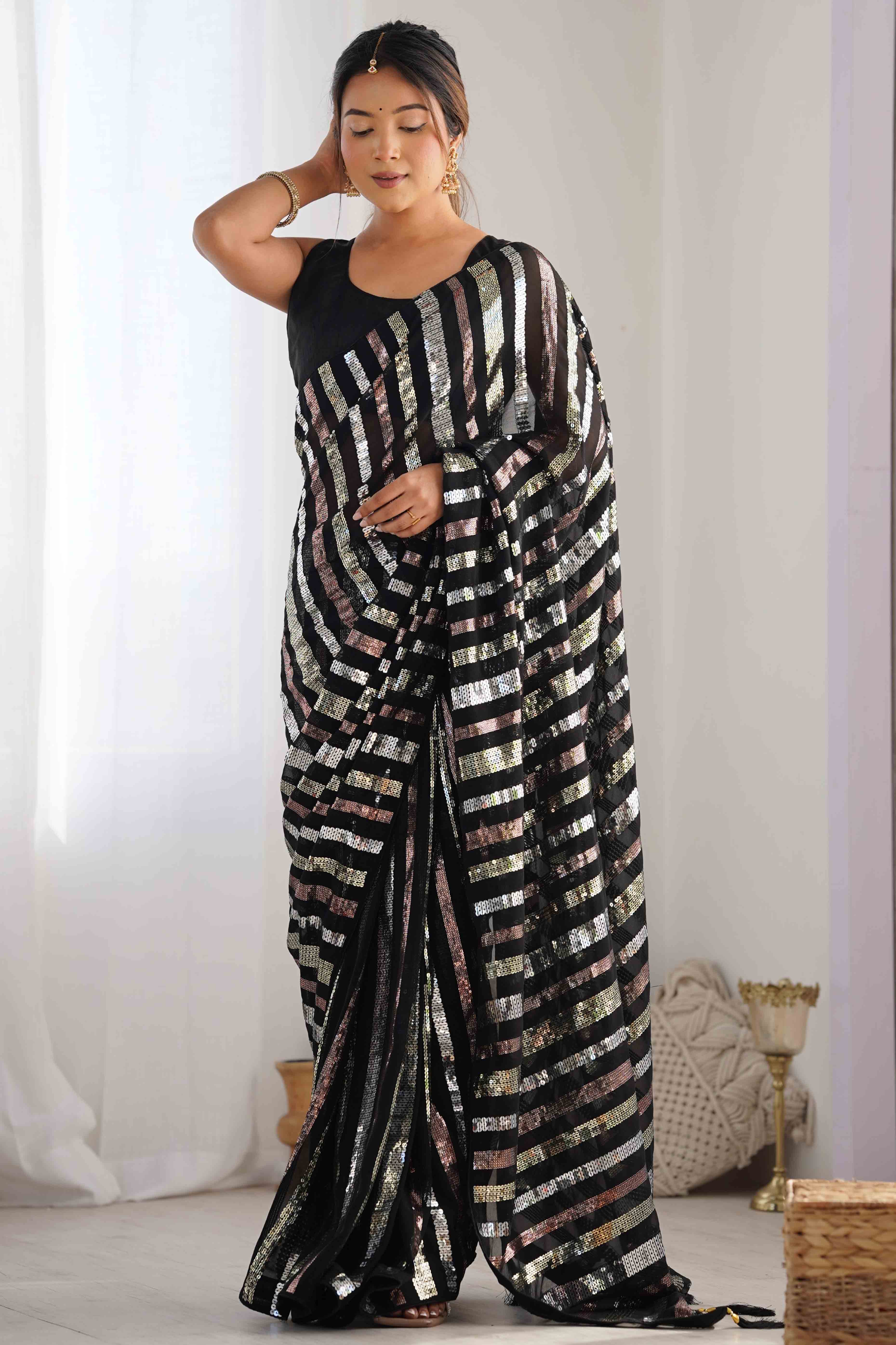 Black Sequins Embroidered Georgette Saree