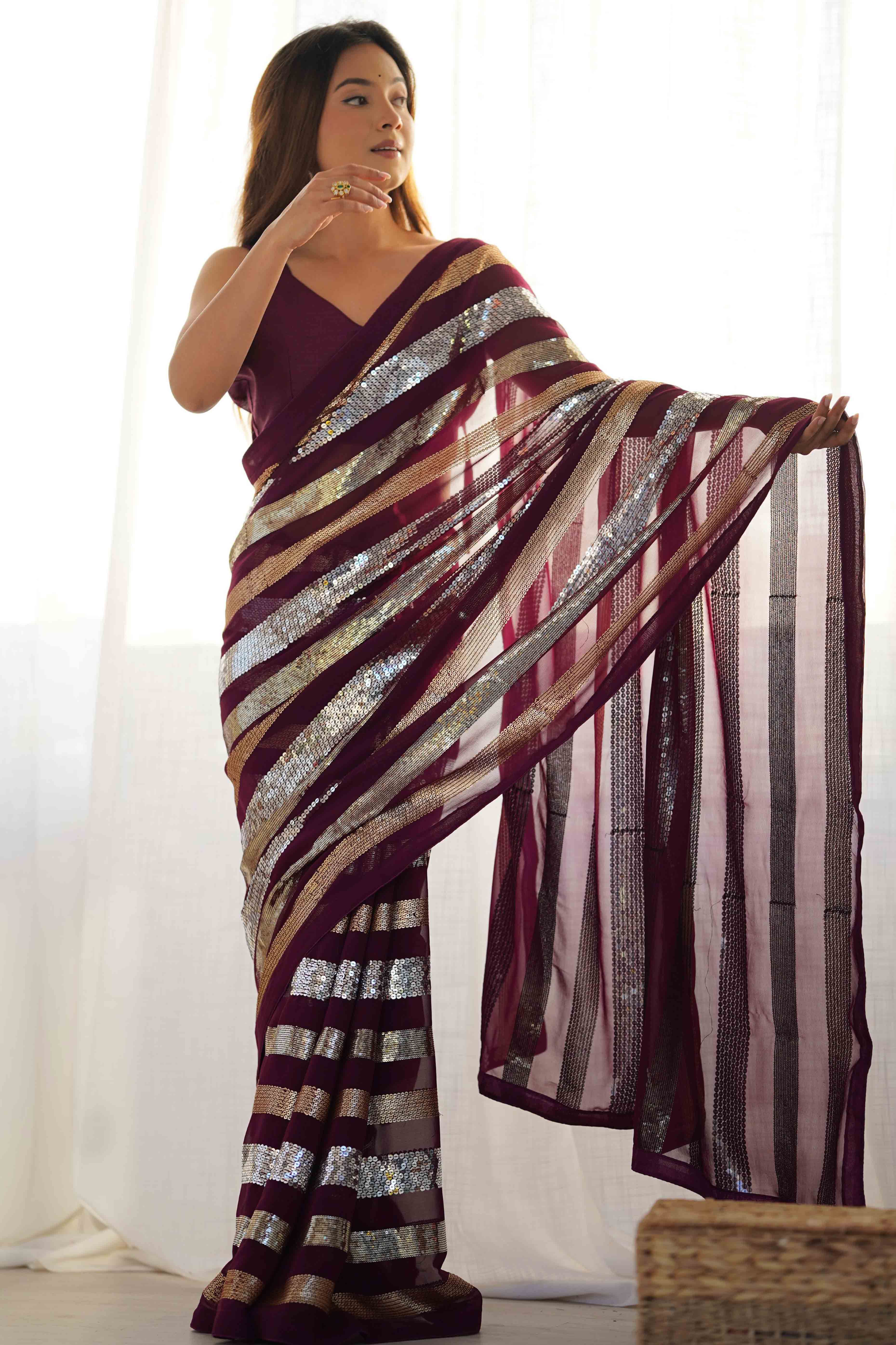 Wine Sequins Embrodered Georgette Saree