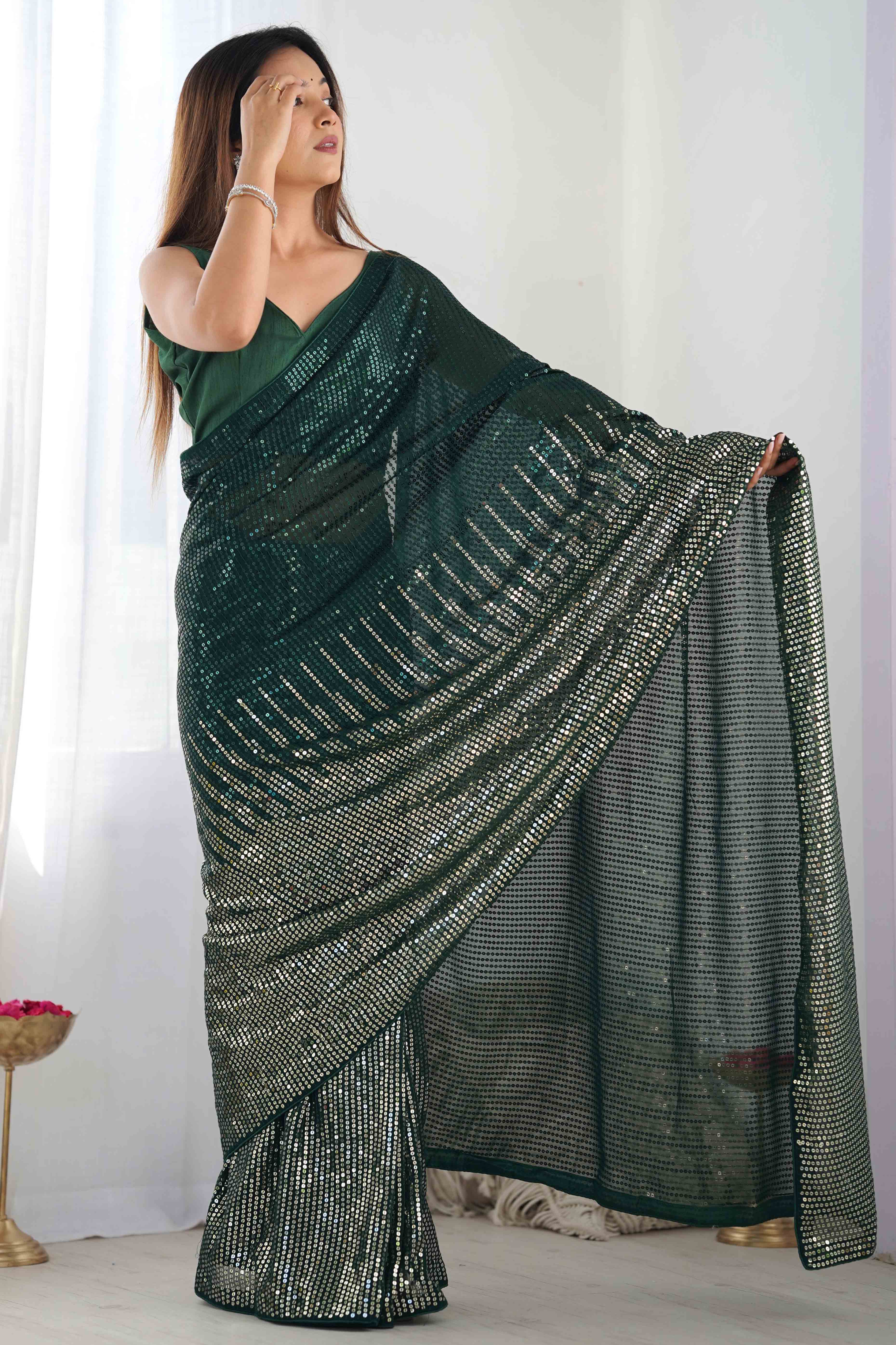 Green Sequins Embroidered Georgette Saree