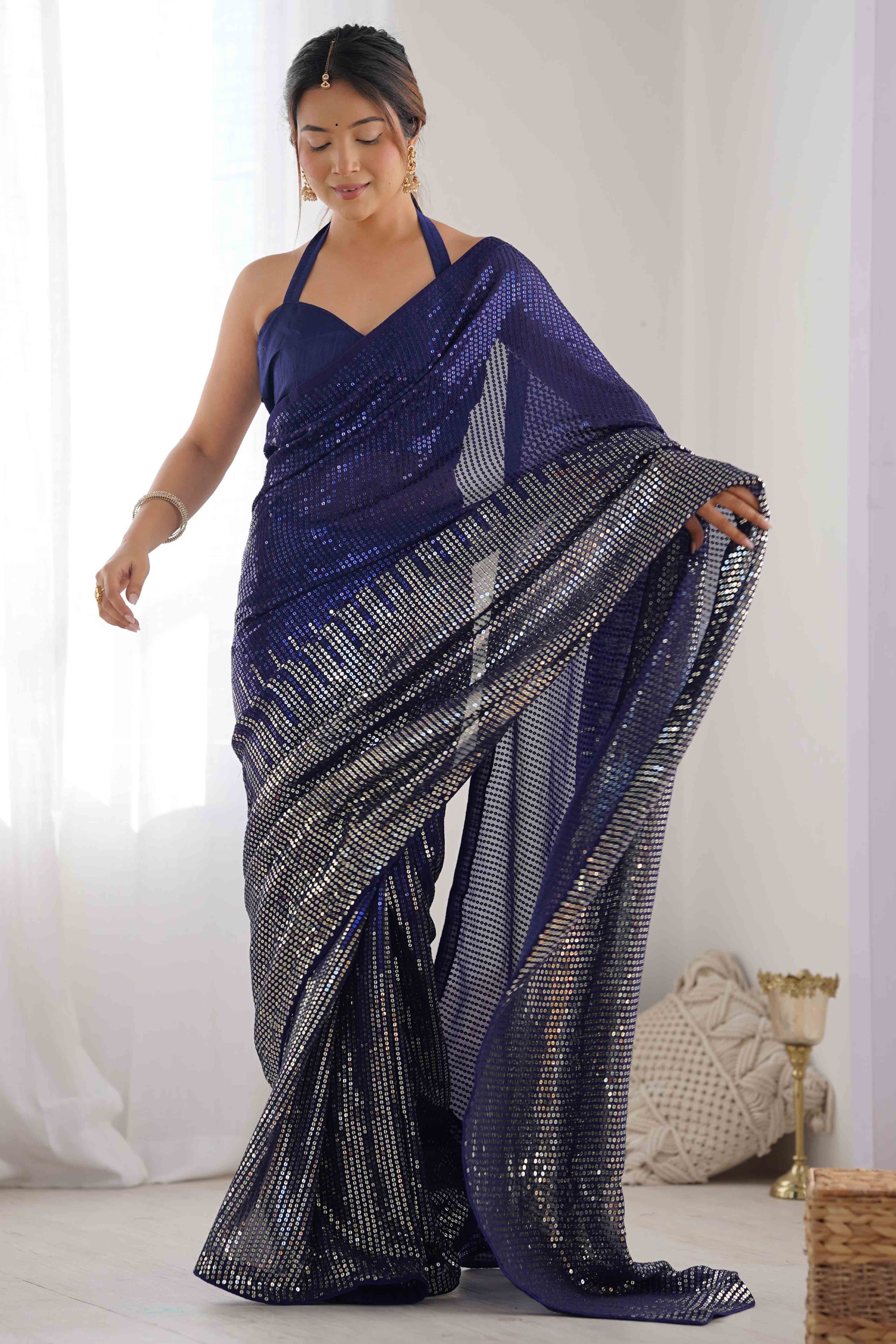 Blue Sequins Embrodered Georgette Saree