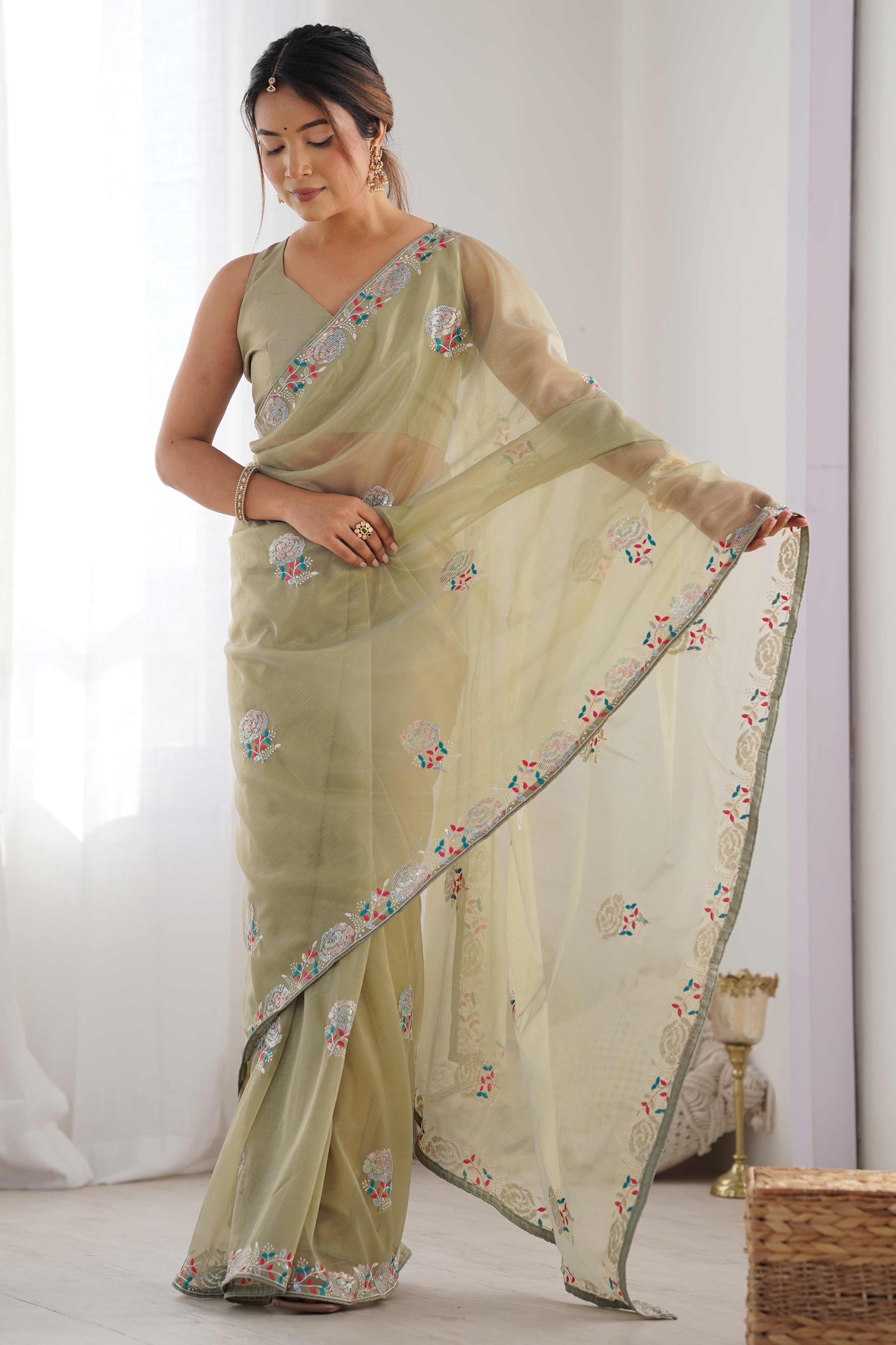 Green Floral Embroidered Net Saree