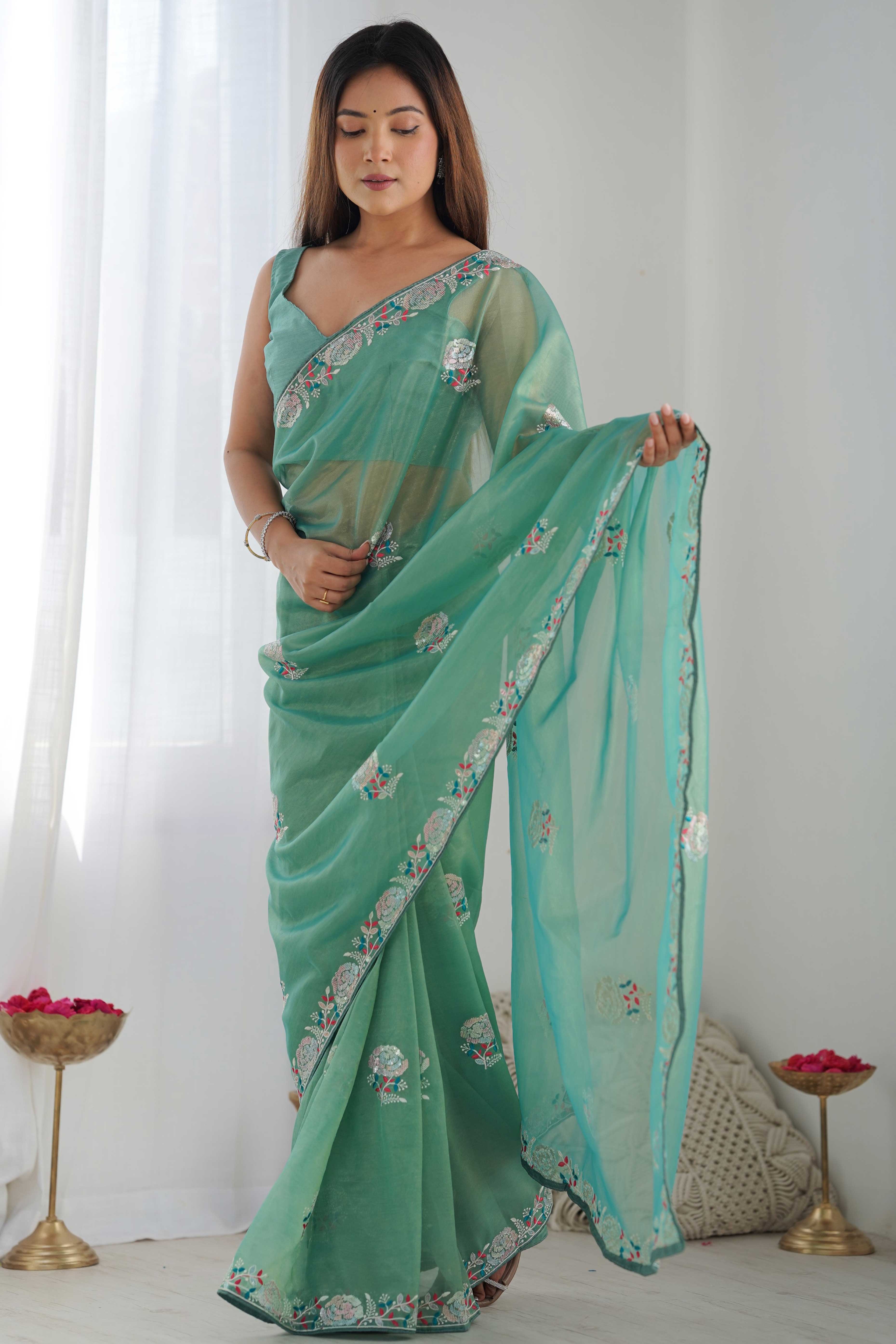 Sea Green Floral Embroidered Net Saree