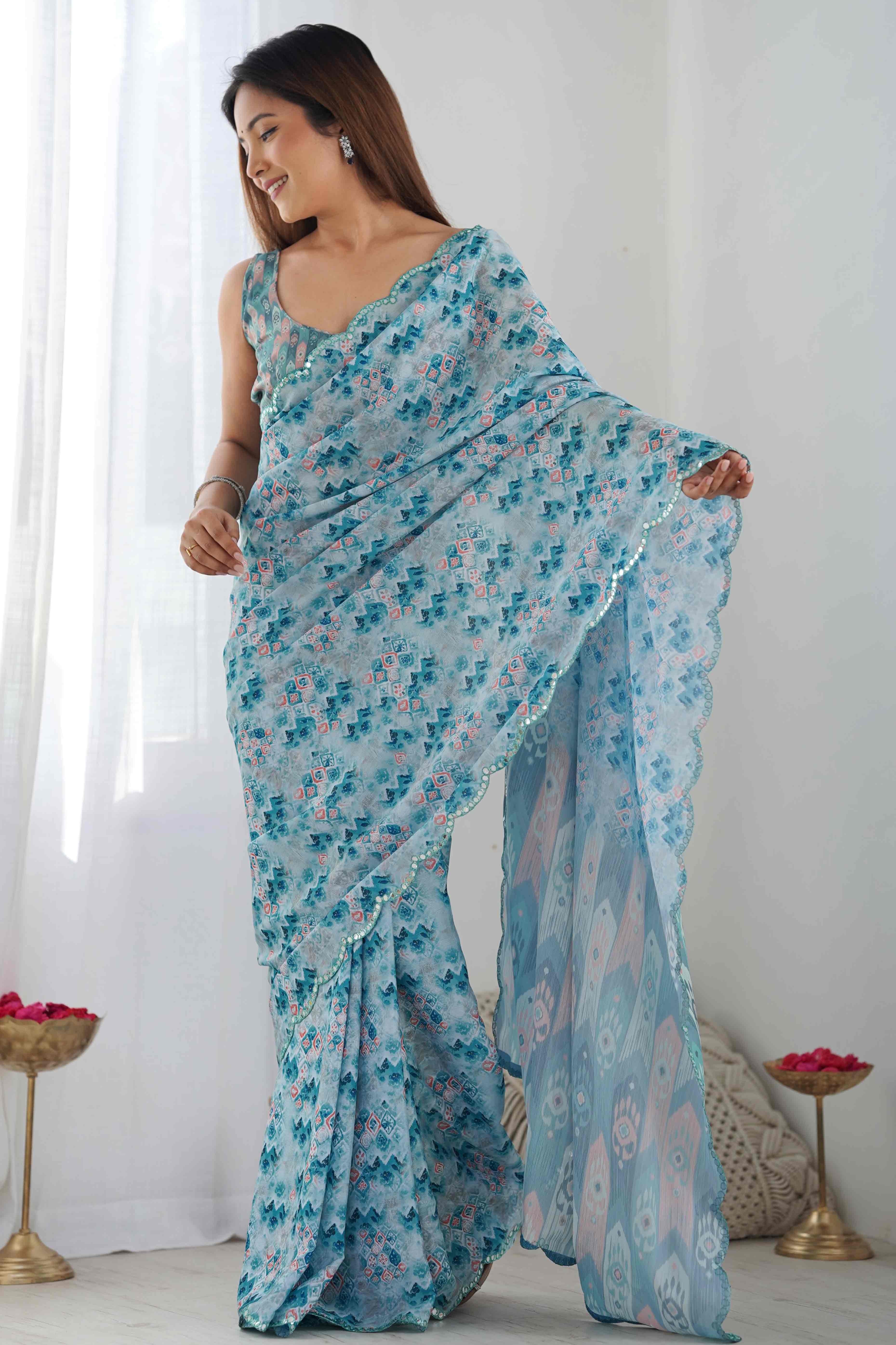 Sky Blue Geometric Printed Chinon Saree