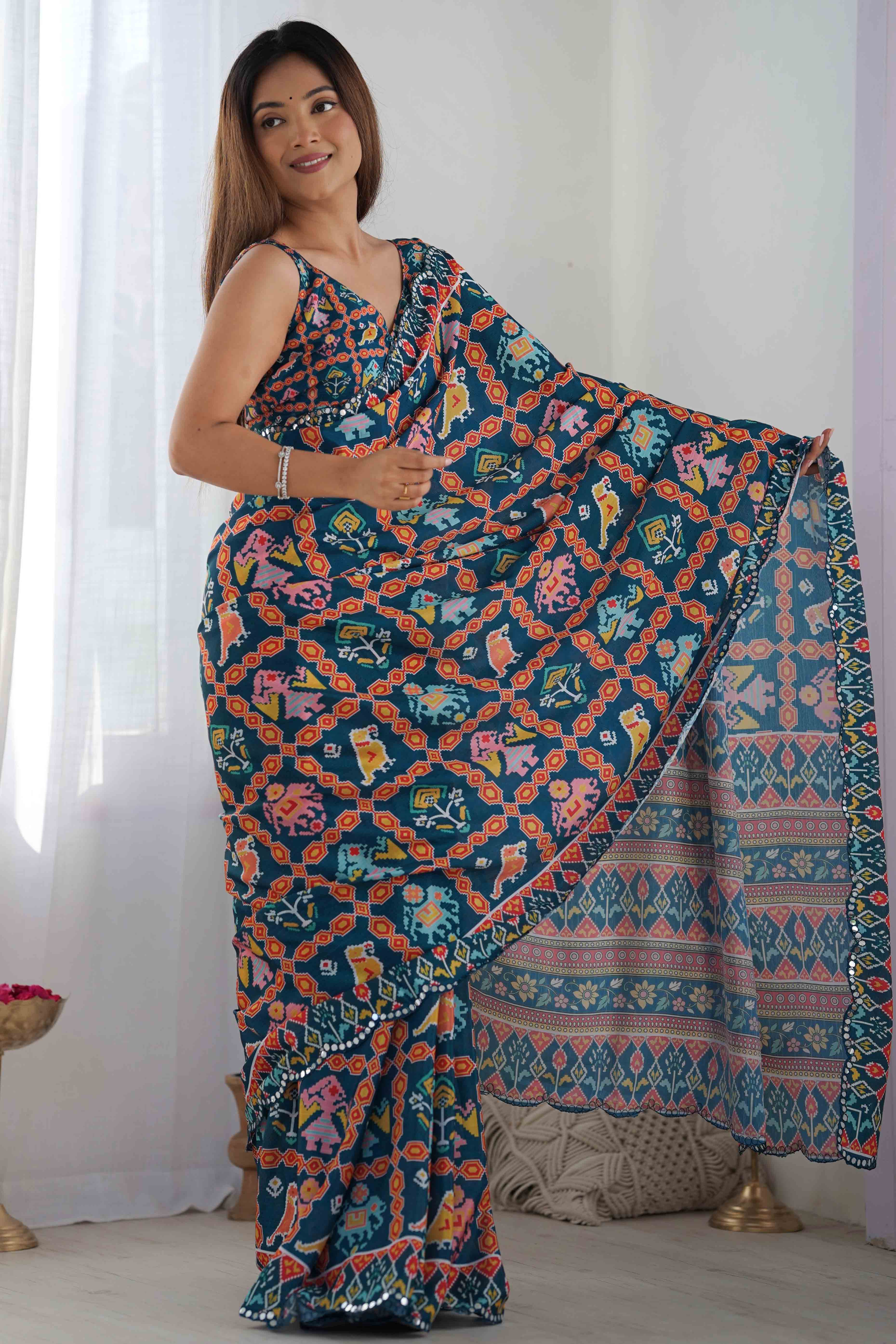 Teal Patola Printed Chinon Saree