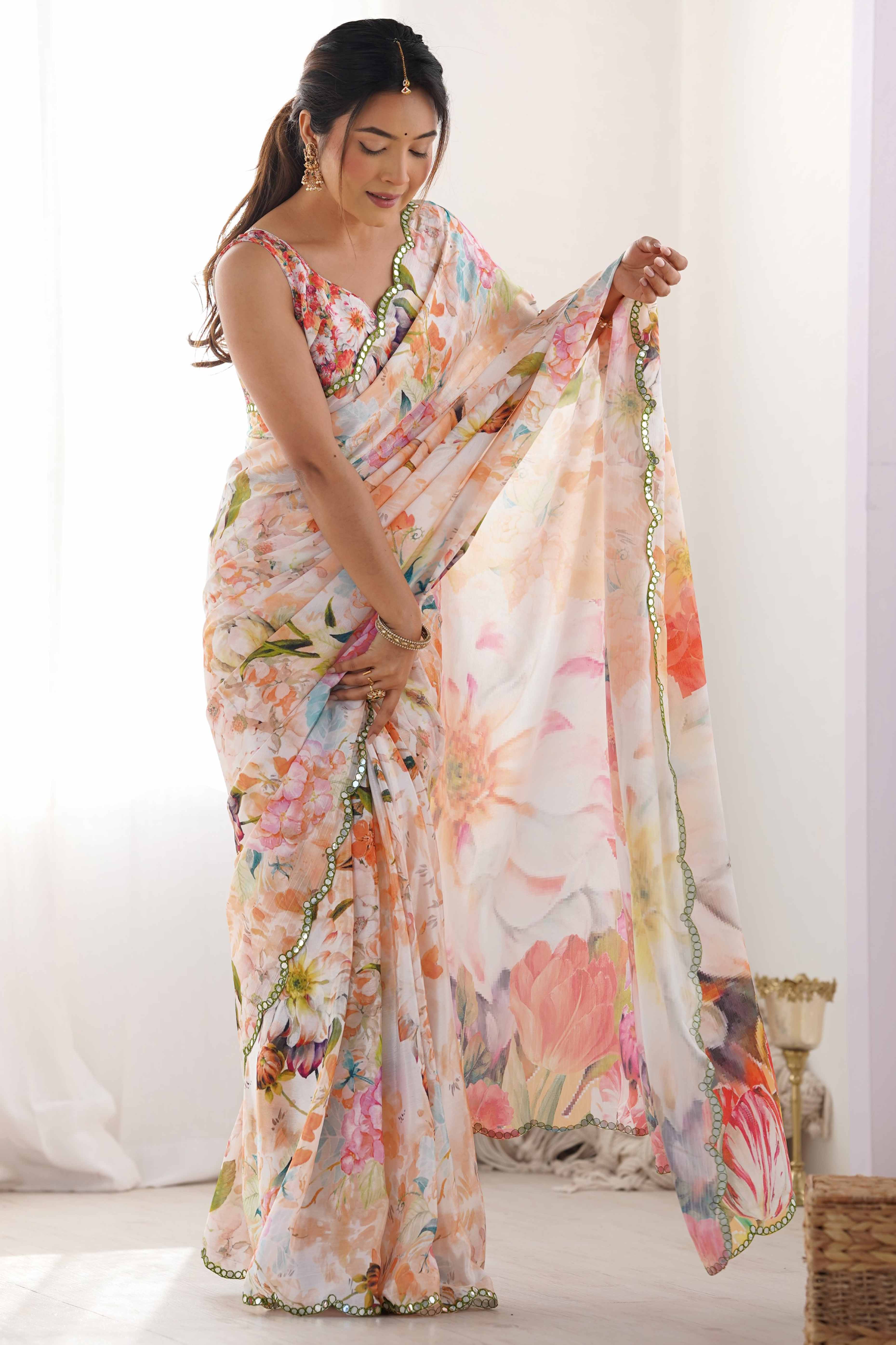 Off White Floral Printed Chinon Saree