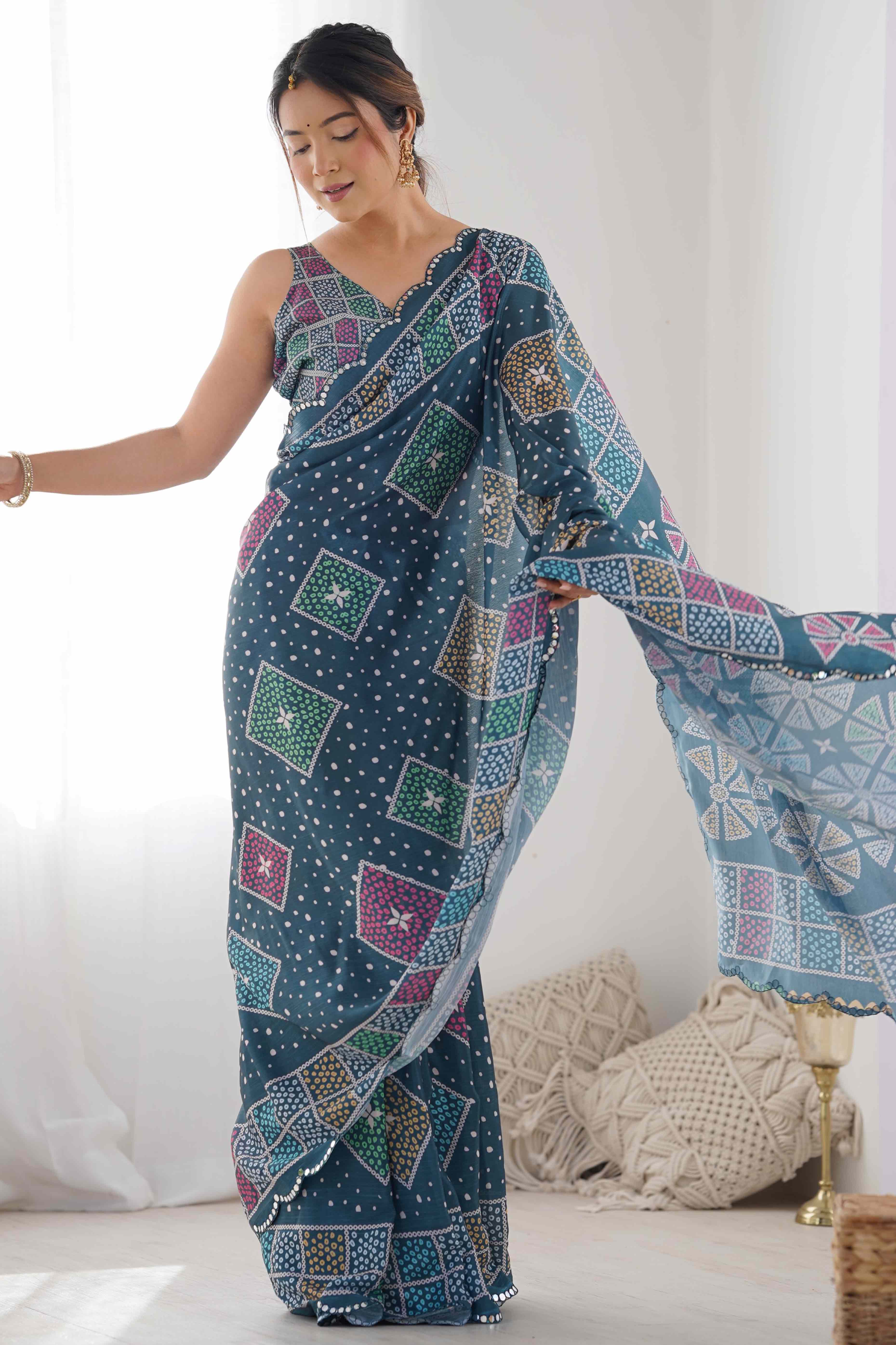 Teal Geometric Printed Chinon Saree
