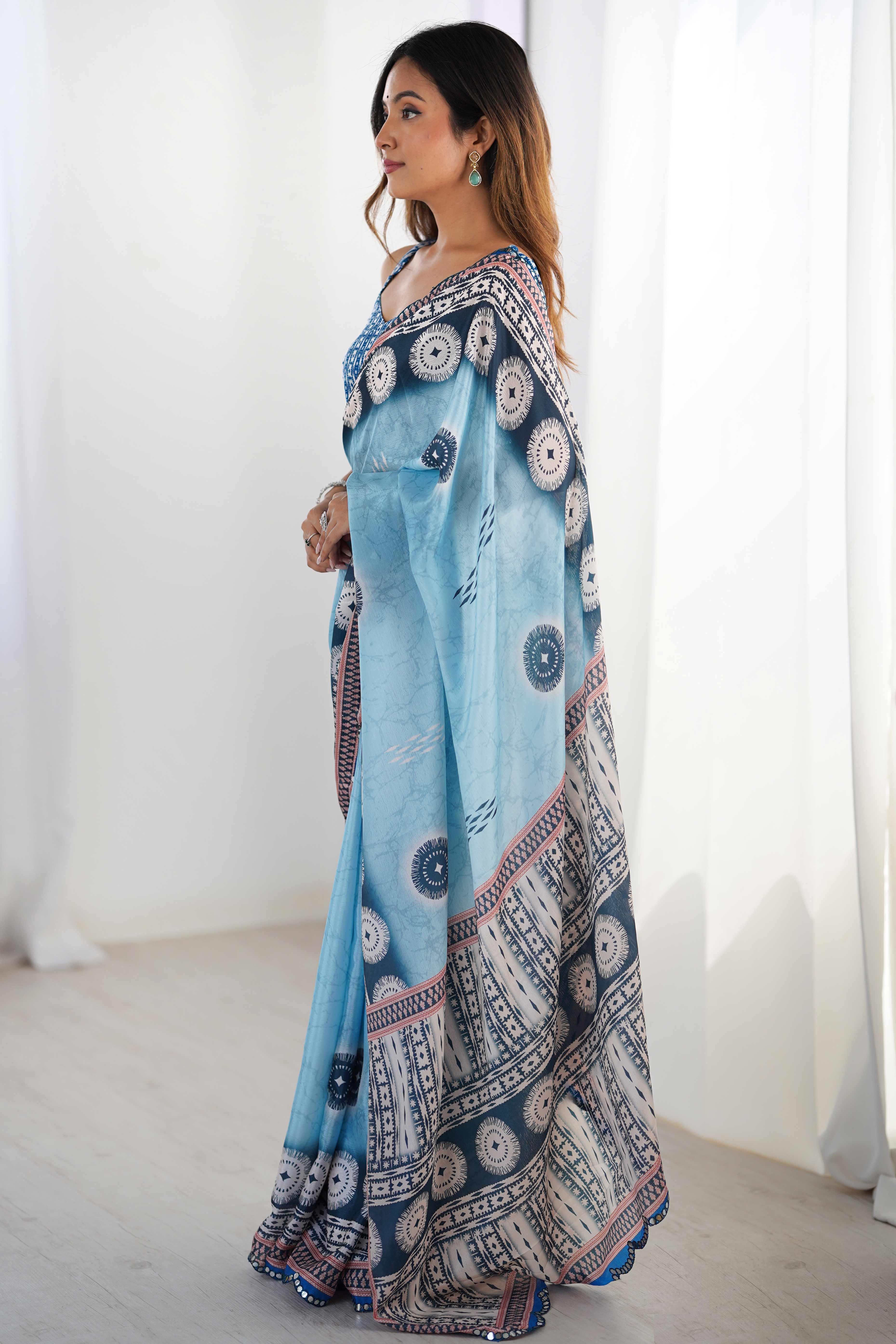 Sky Blue Floral Printed Chinon Saree with Shimmering Mirror Detailing