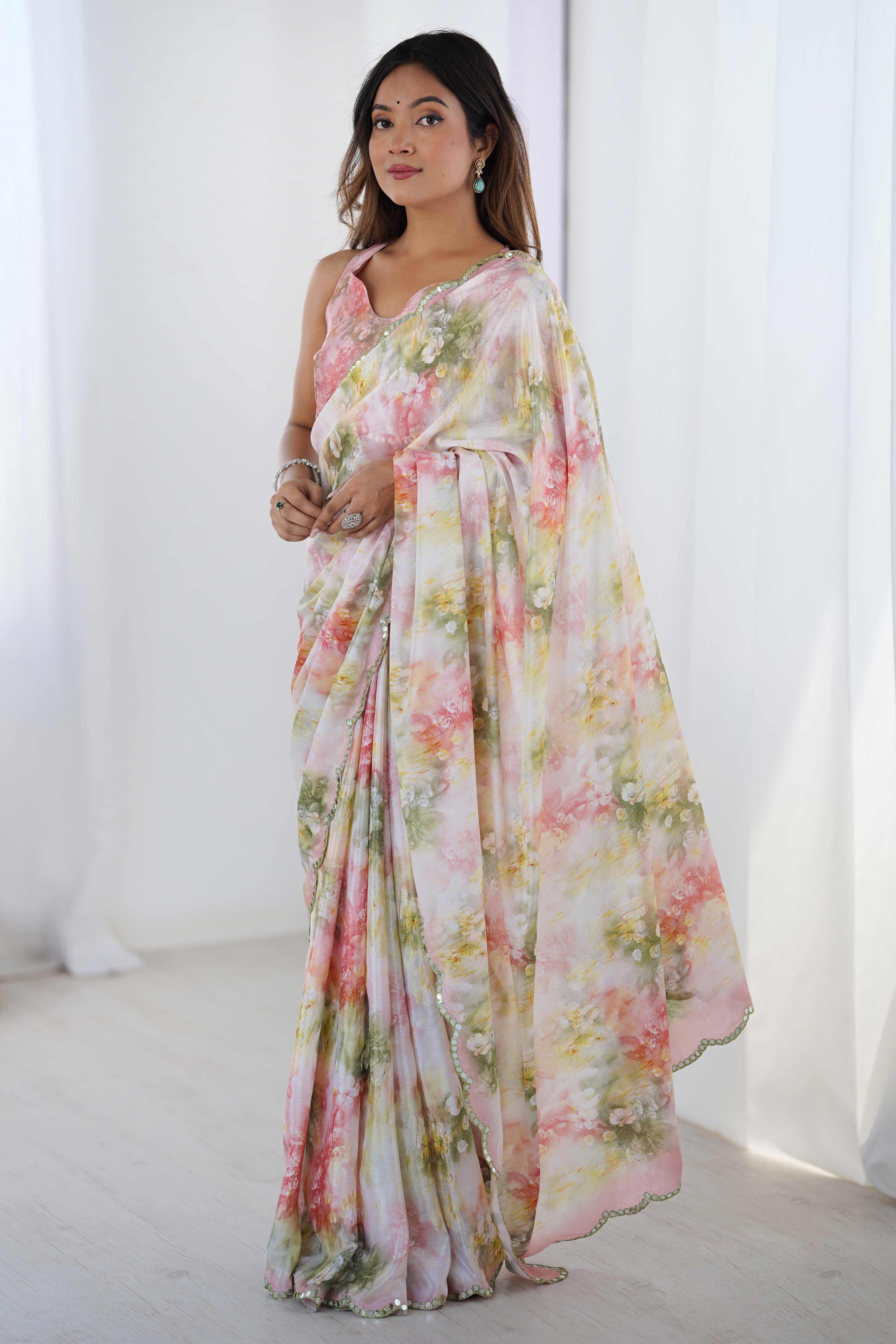 Off White Floral Printed Chinon Saree with Shimmering Mirror Detailing