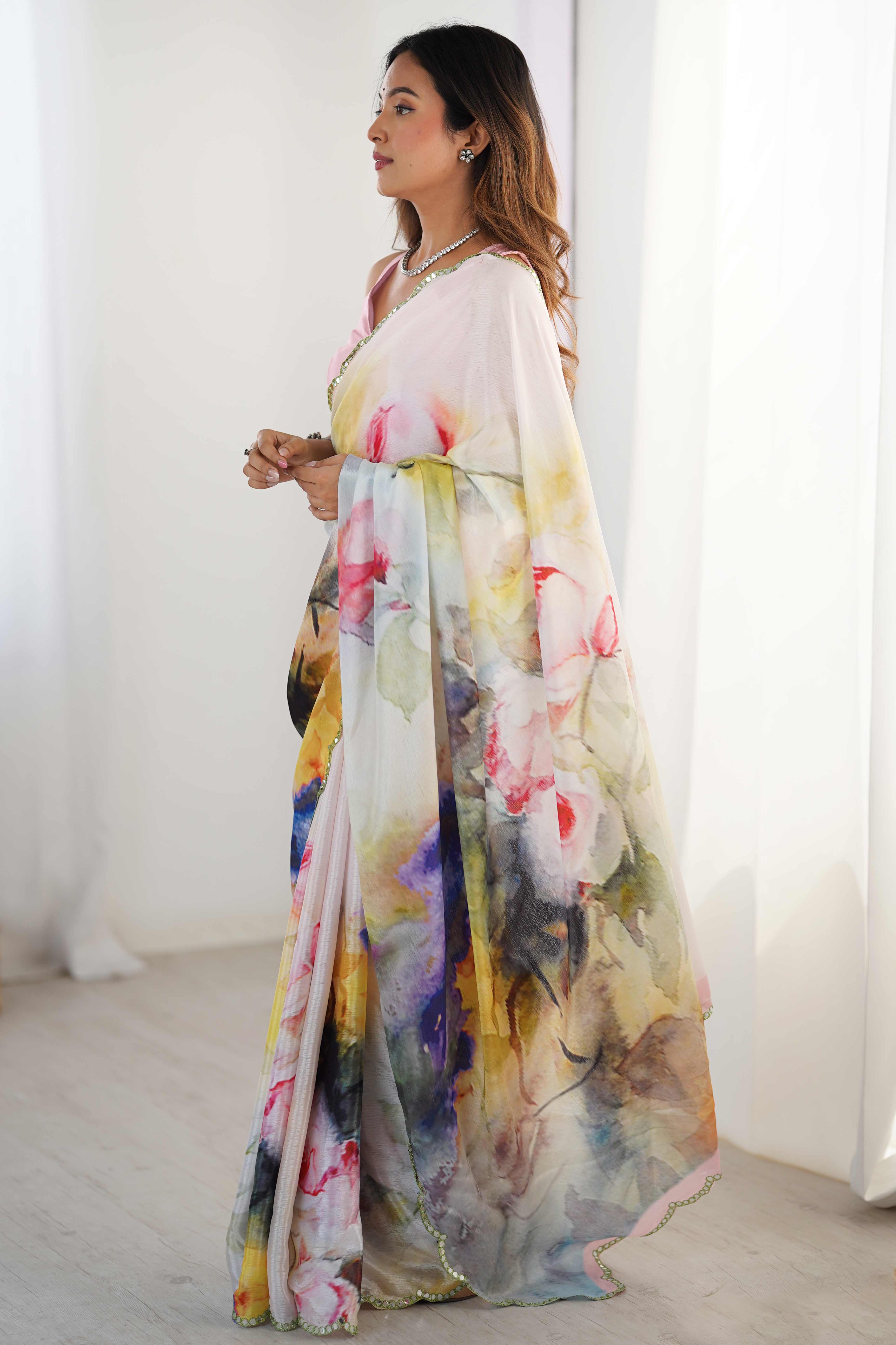 White Floral Printed Chinon Saree with Shimmering Mirror Detailing