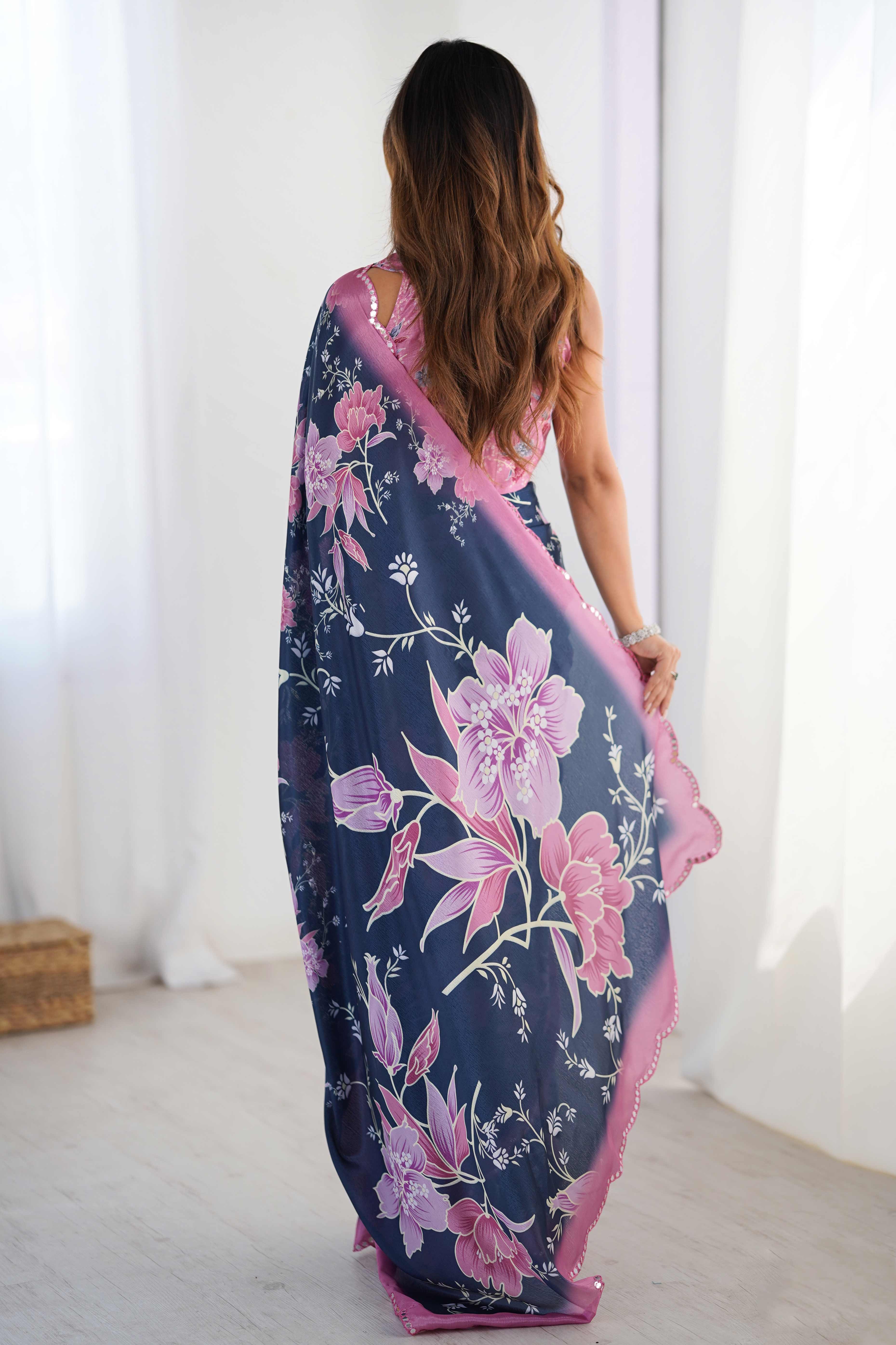 Blue Floral Printed Chinon Saree With Shimmering Mirror Detailing