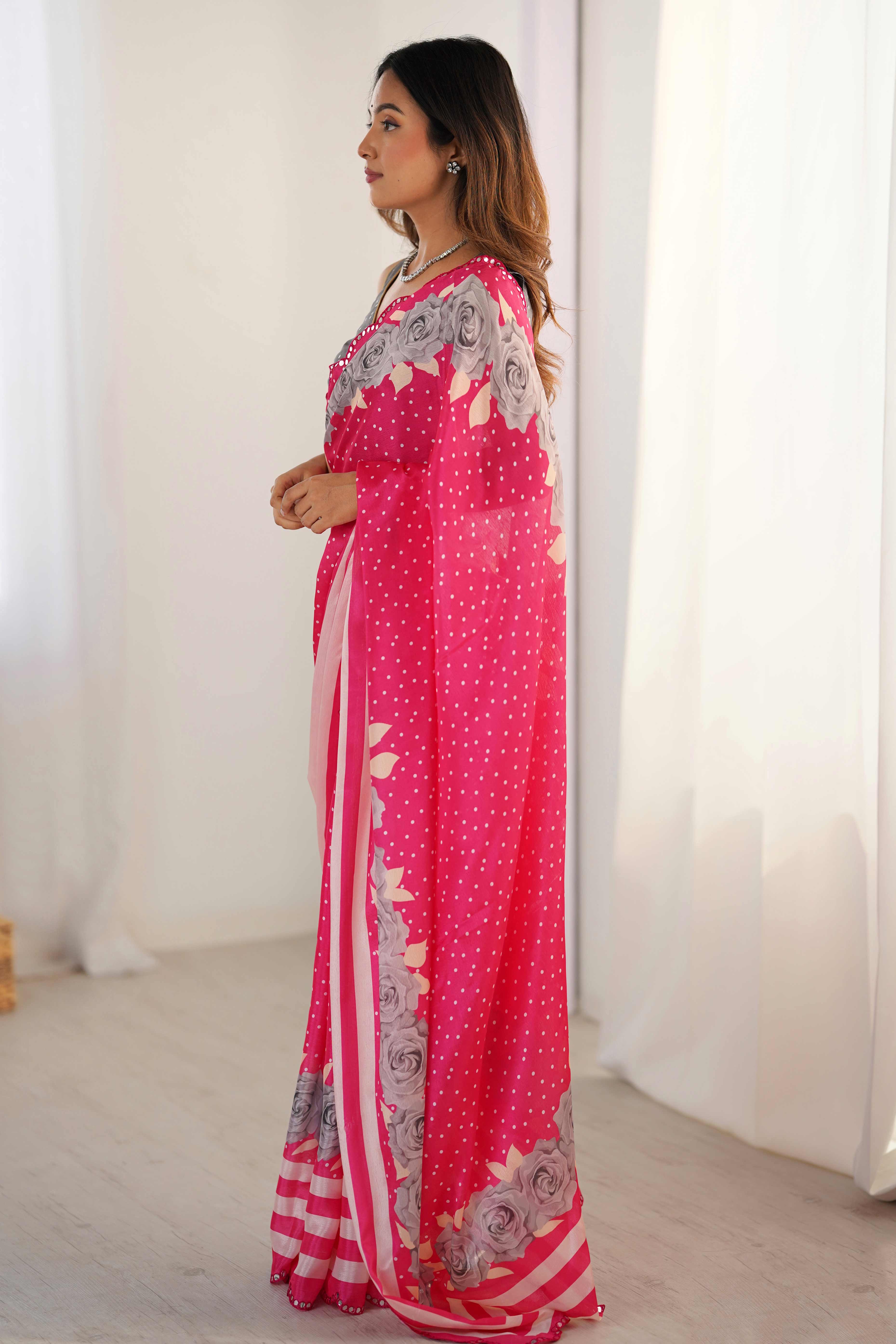 Pink Floral Printed Chinon Saree With Shimmering Mirror Detailing