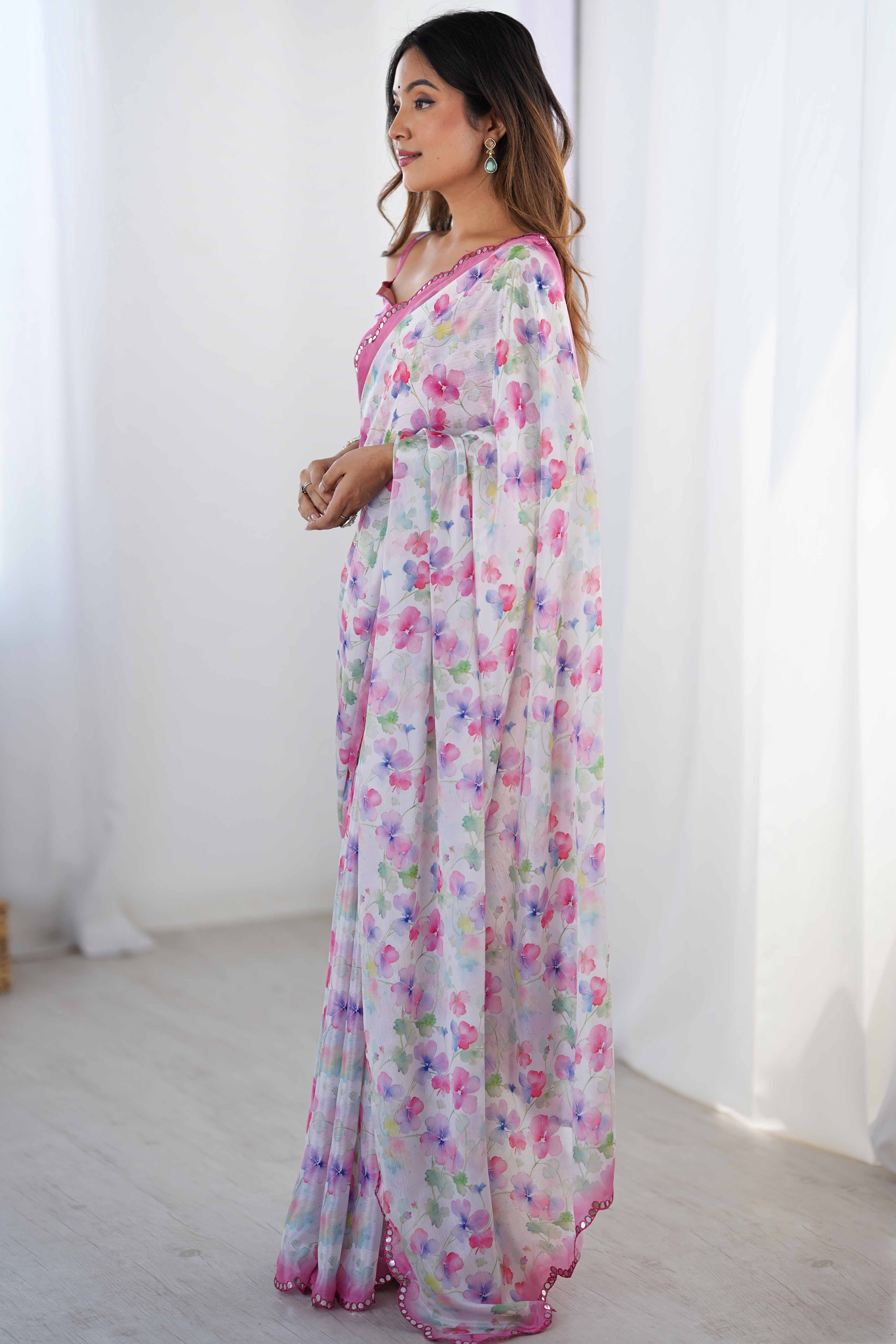 White Floral Printed Chinon Saree With Shimmering Mirror Detailing