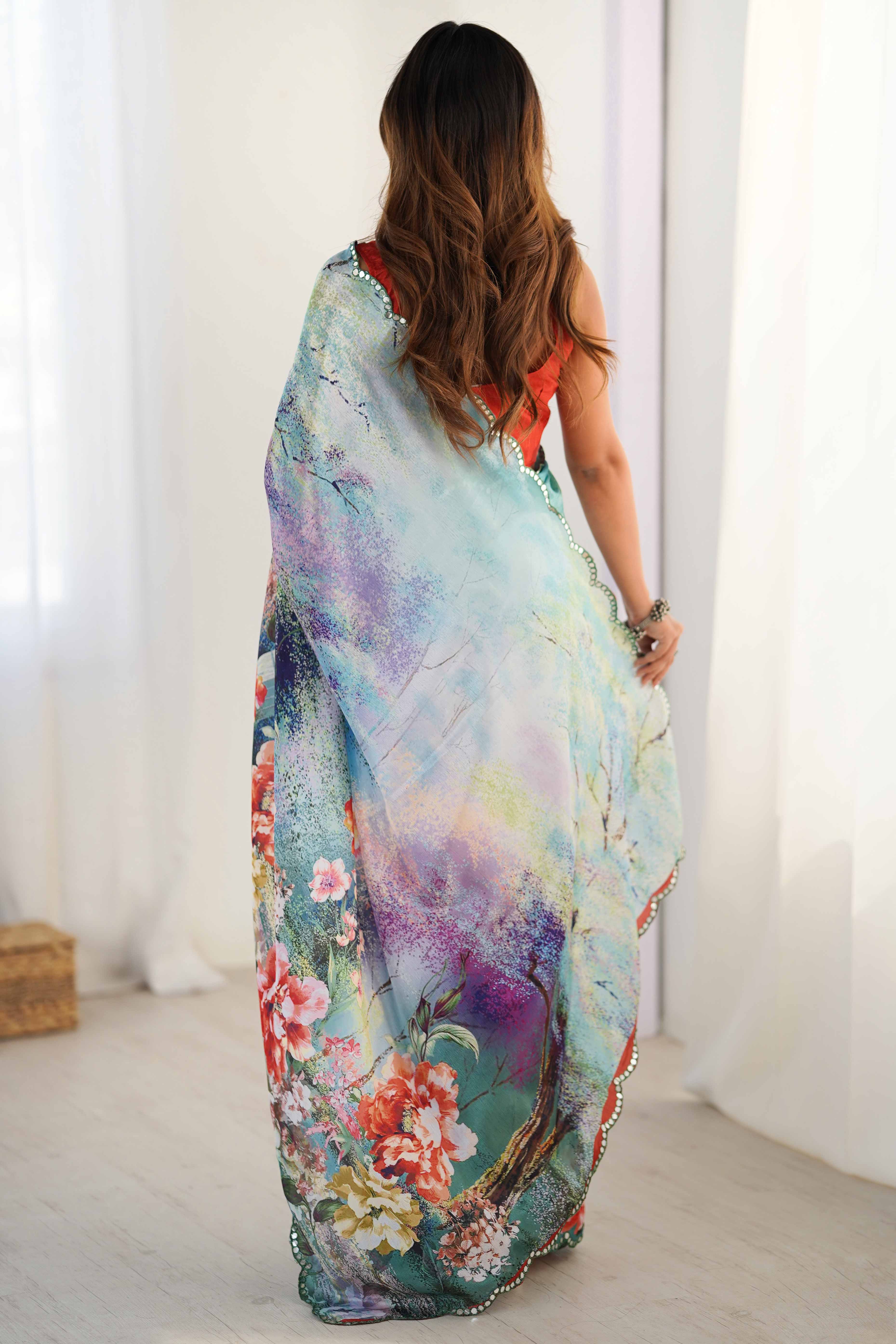 Aqua Teal Floral Printed Chinon Saree With Shimmering Mirror Detailing