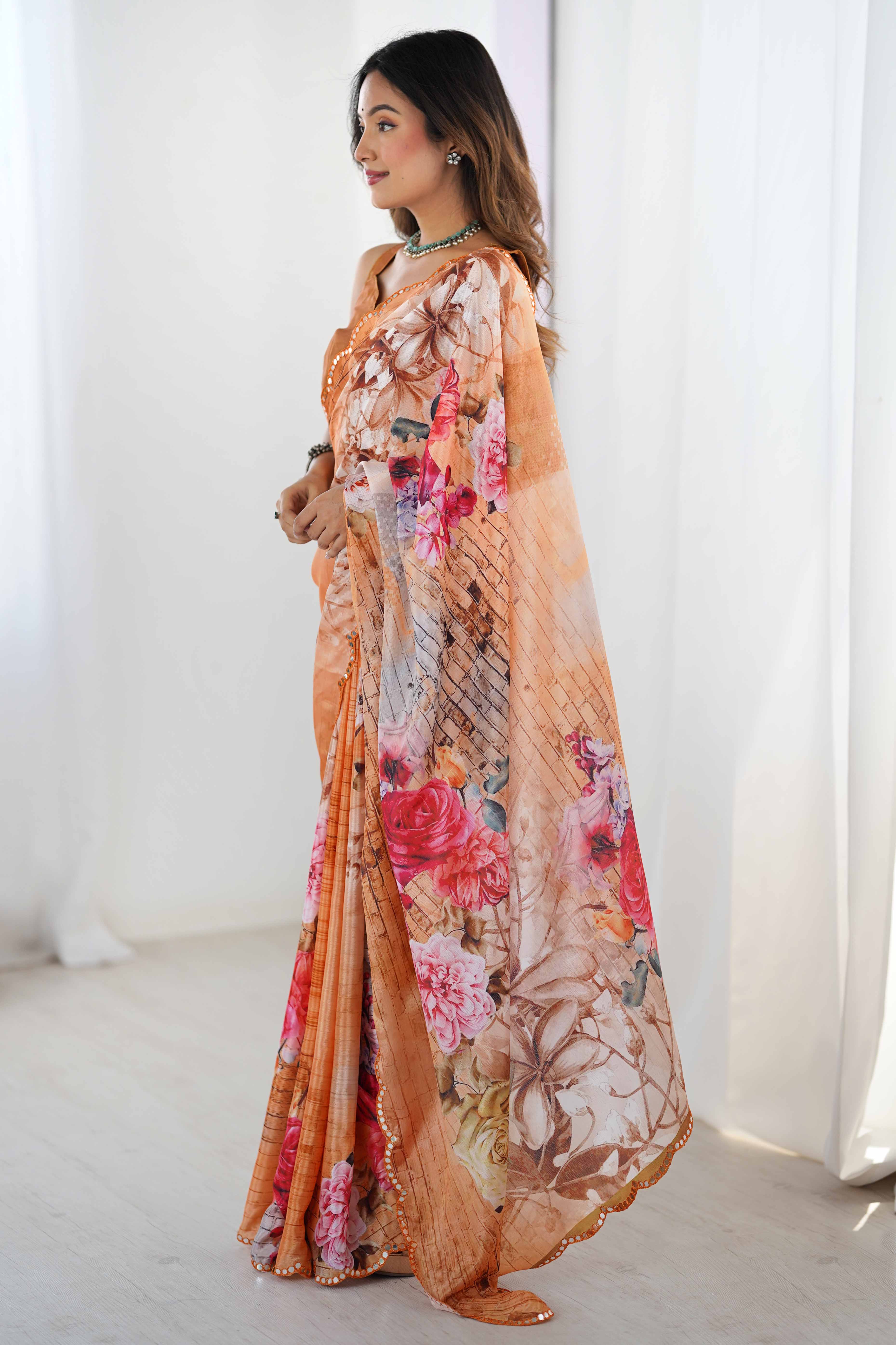 Orange Chinon Saree with Glimmering Mirror Work and Floral Prints