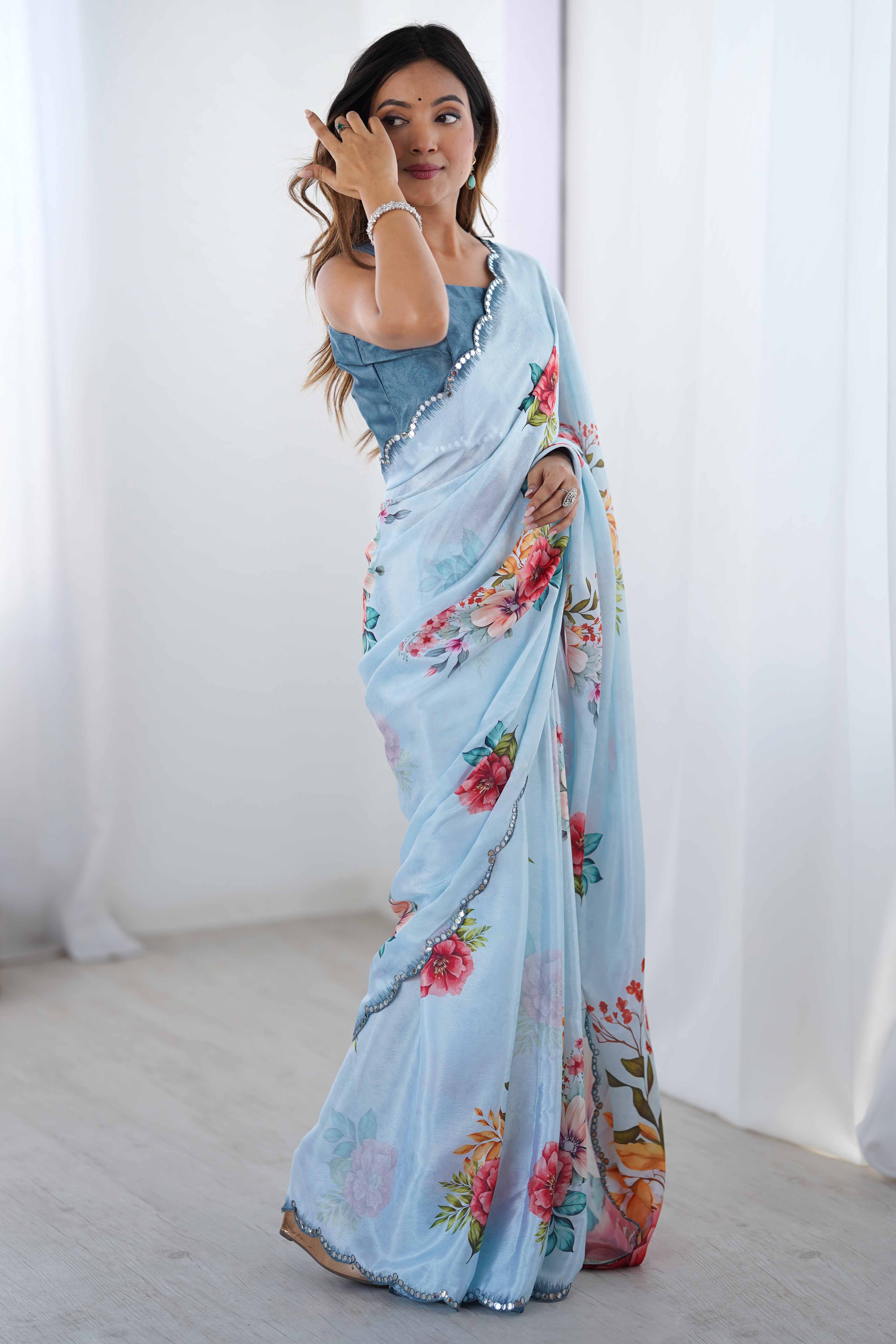 Sky Blue Chinon Saree with Glimmering Mirror Work and Floral Prints