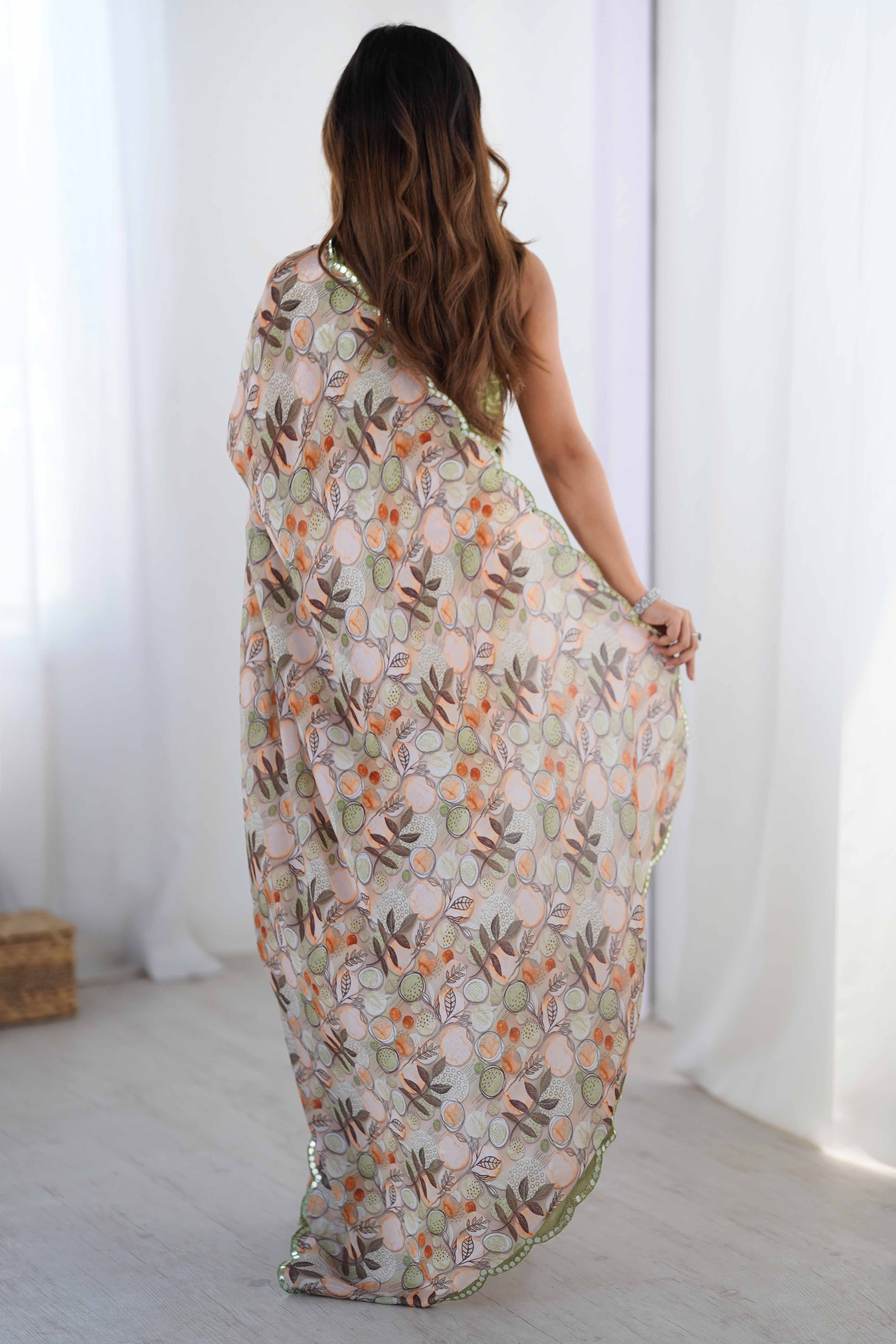 Light Grey Chinon Saree with Glimmering Mirror Work and Floral Prints