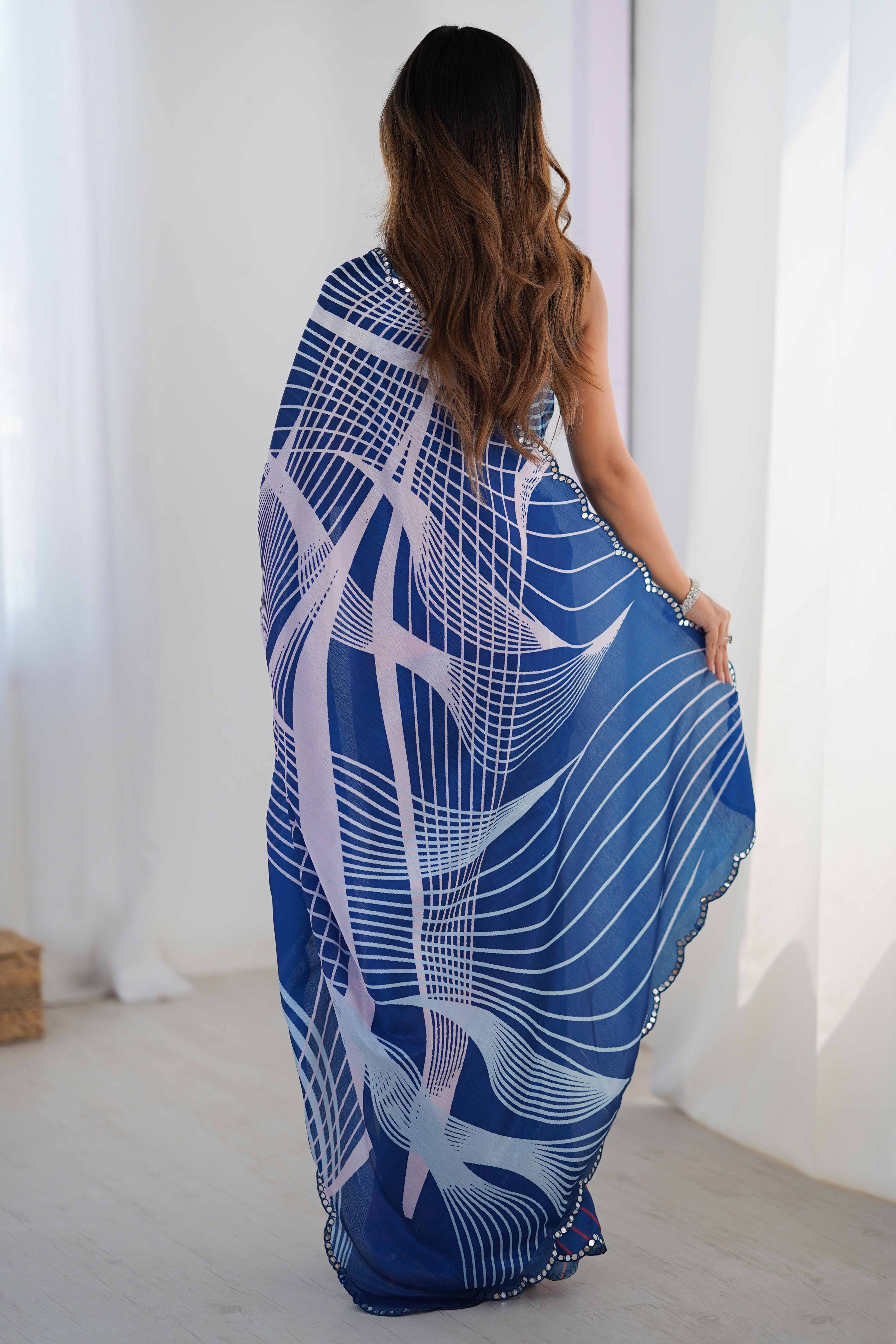 Blue Chinon Saree with Glimmering Mirror Work and Floral Prints