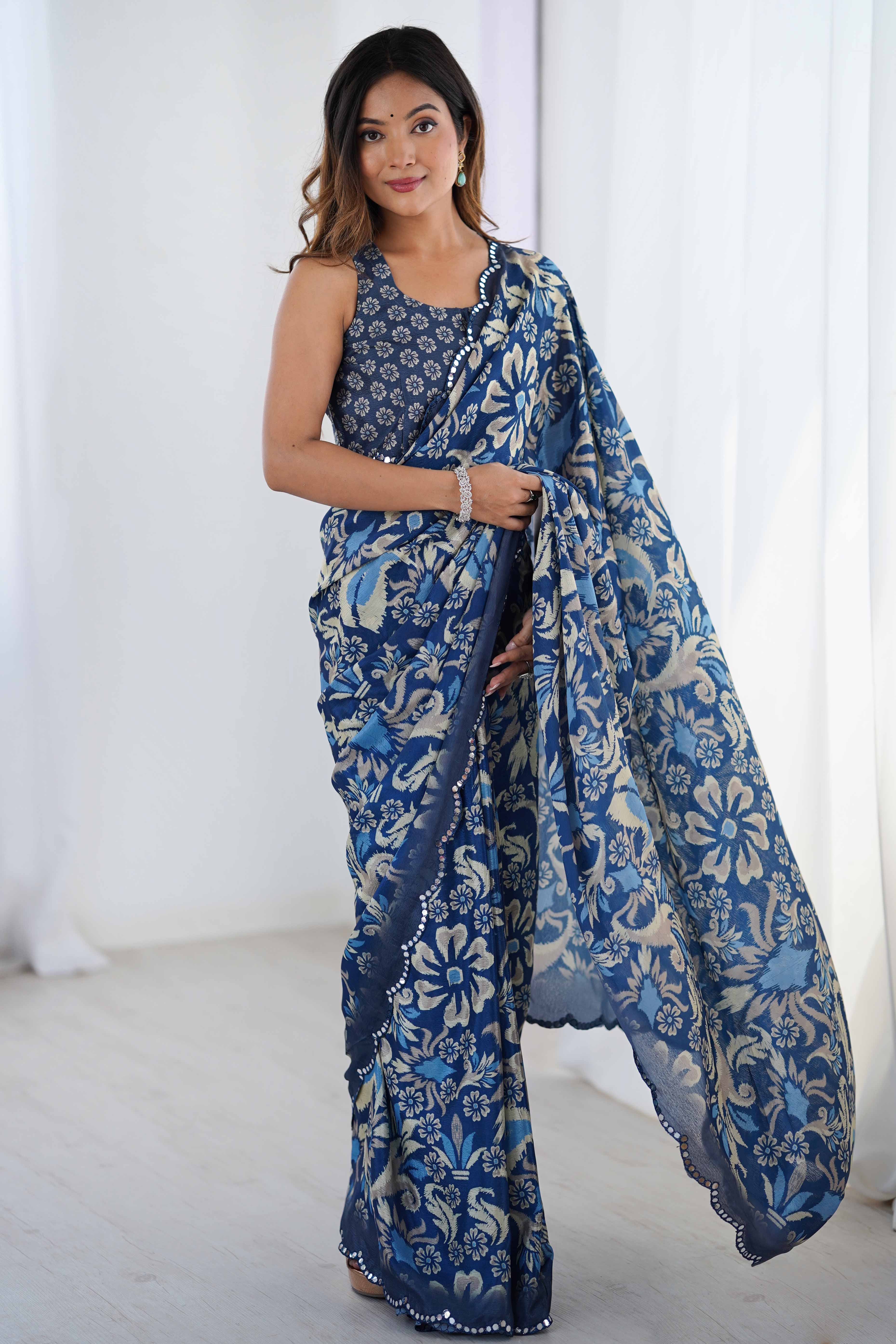 Blue Chinon Saree with Glimmering Mirror Work and Floral Prints
