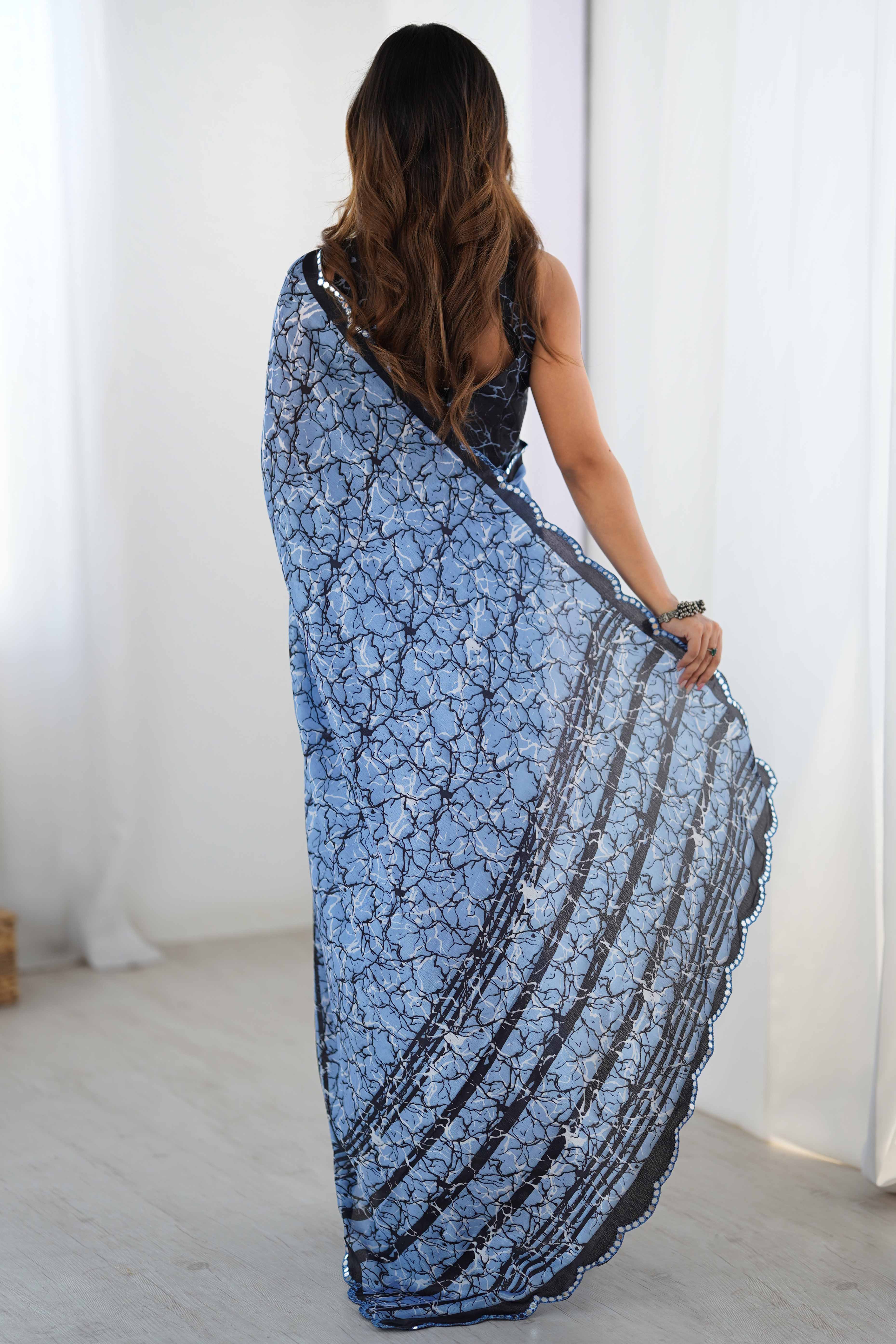 Blue Chinon Saree with Glimmering Kutchi Mirror Work and Print