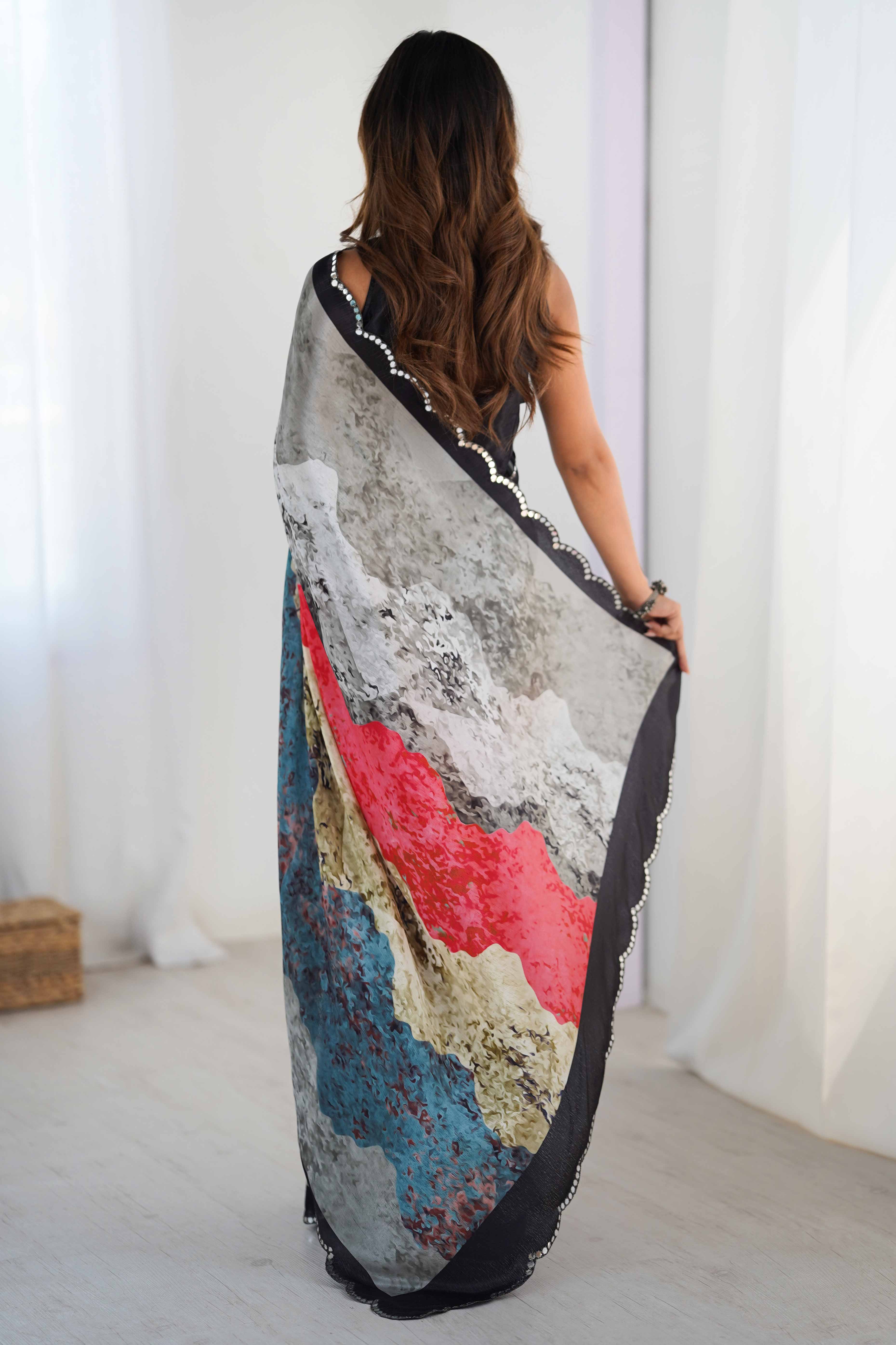 Grey Chinon Saree with Glimmering Kutchi Mirror Work and Print