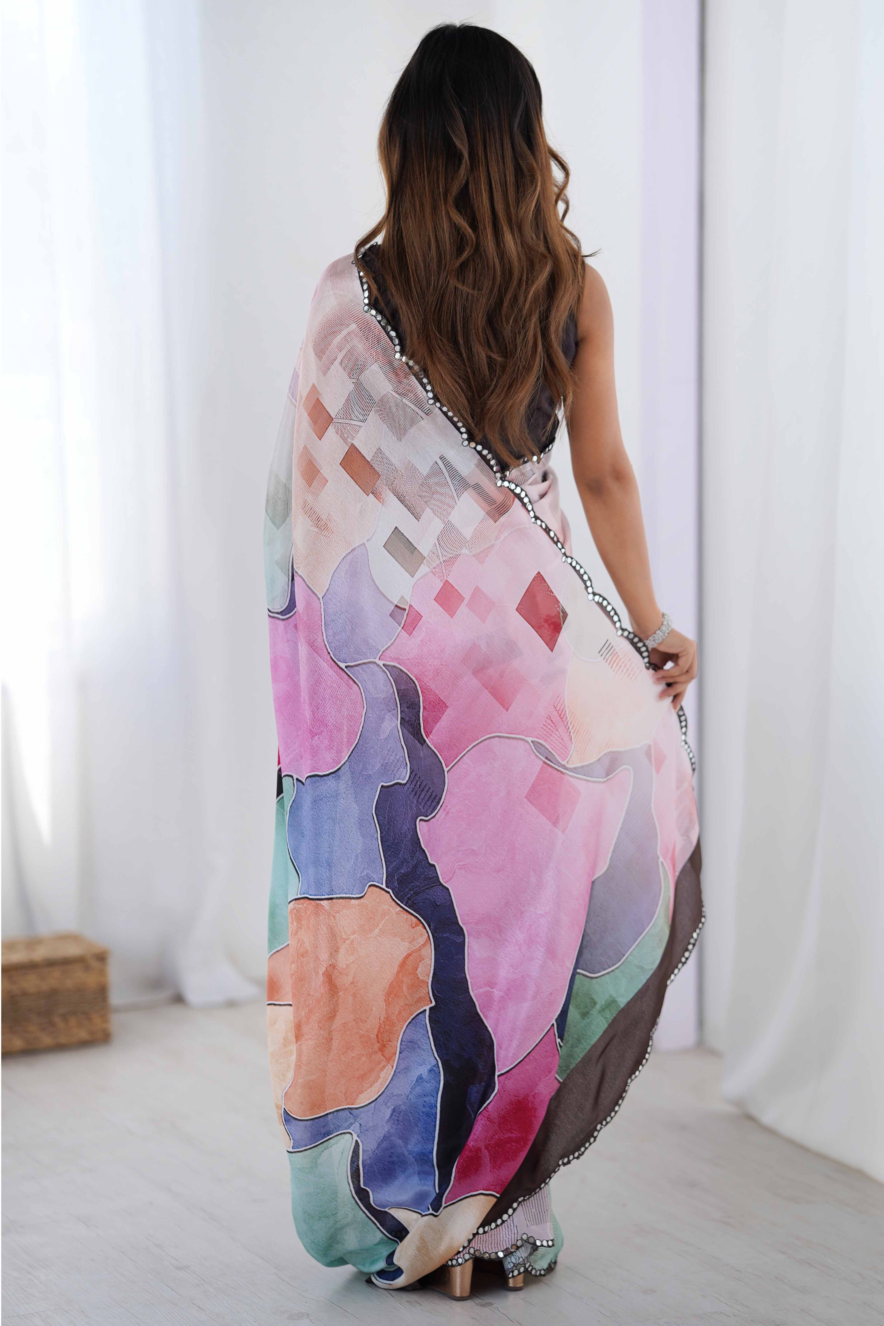 Pink Chinon Saree with Glimmering Kutchi Mirror Work and Print