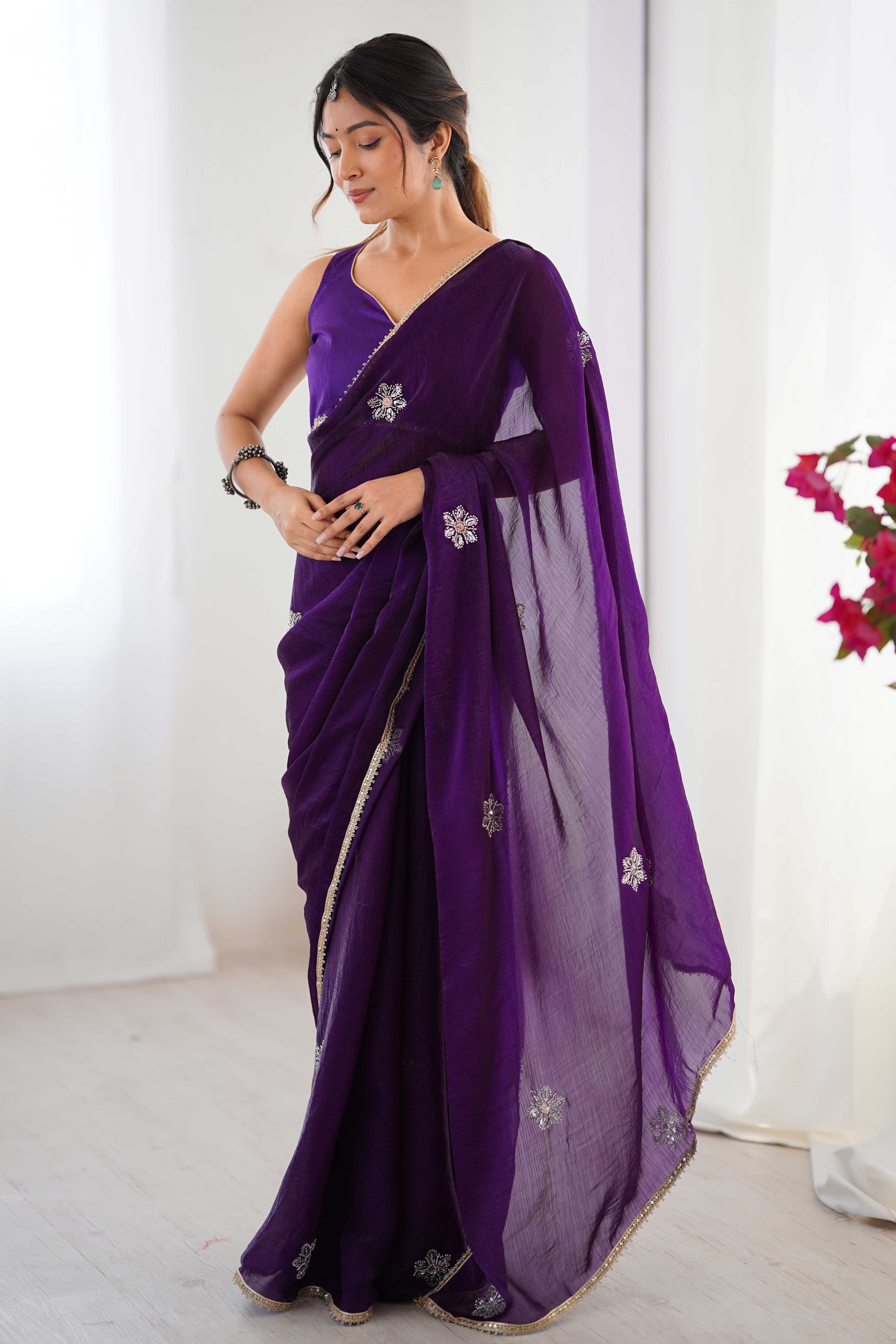 Deep Purple Organza Saree Embellished with Intricate Floral Work and Elegant Lace Detailing