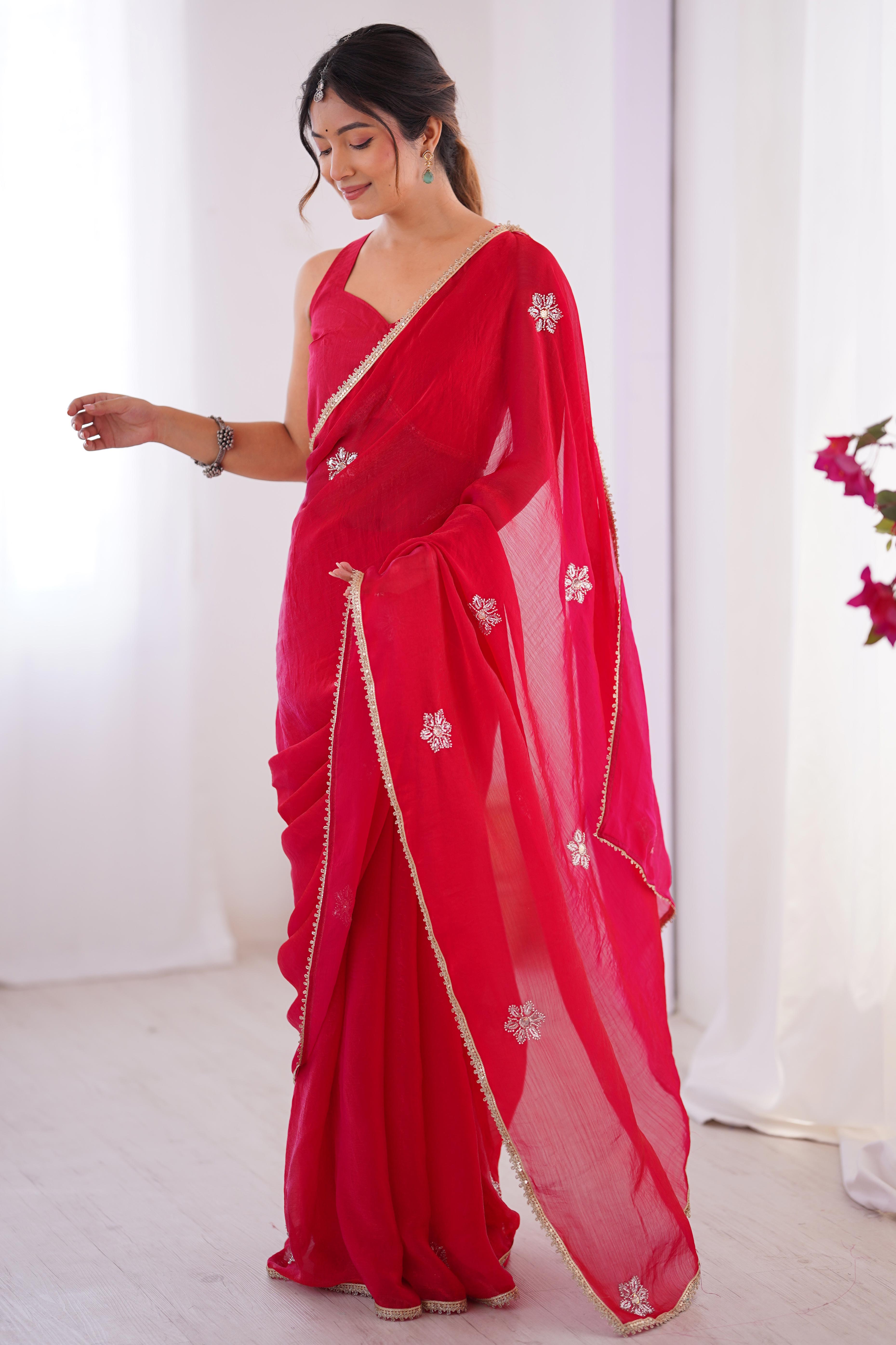 Red Organza Saree Embellished with Intricate Floral Work and Elegant Lace Detailing