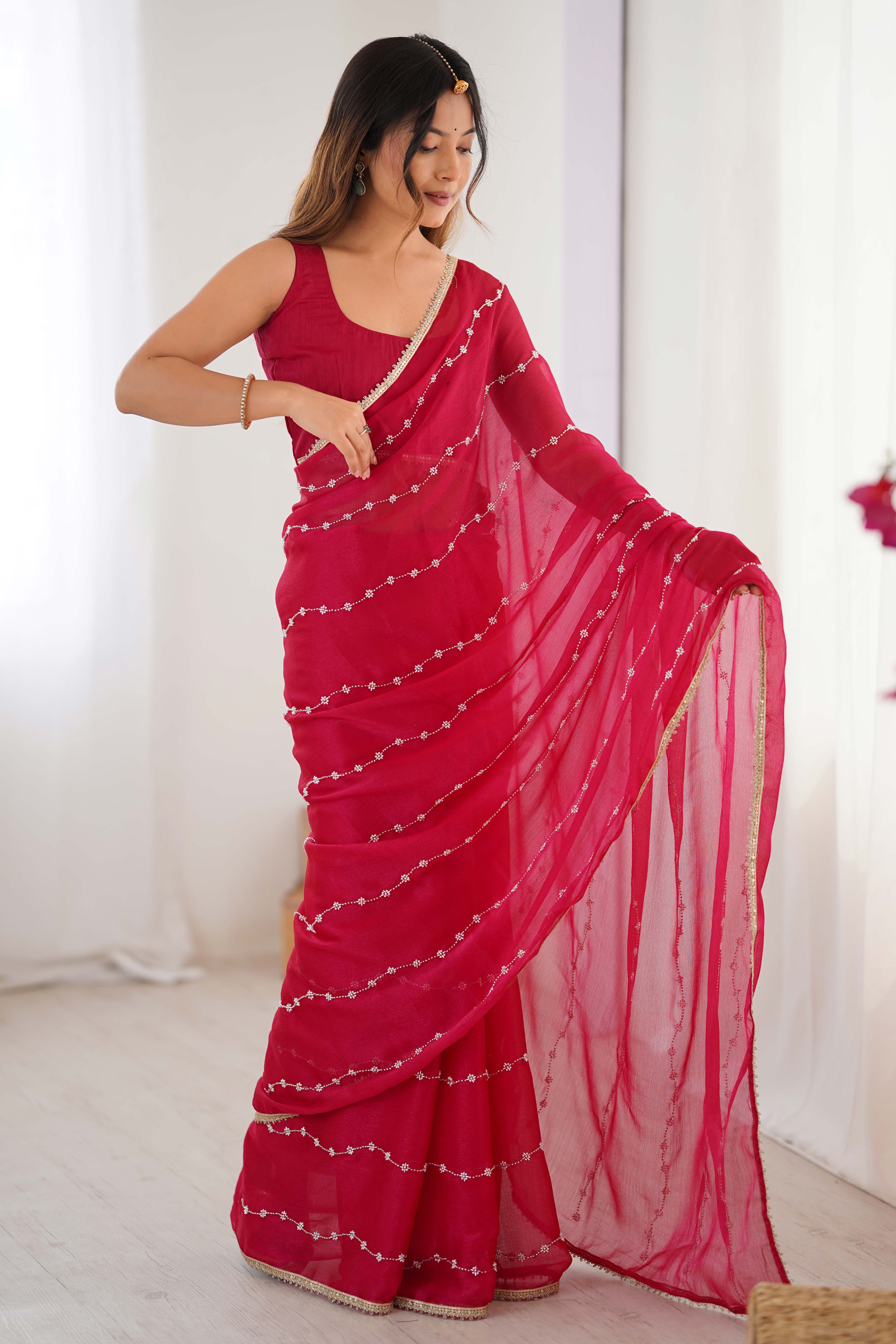 Pink Embellished Organza Saree With Delicate Linear Beads & Stones detailing