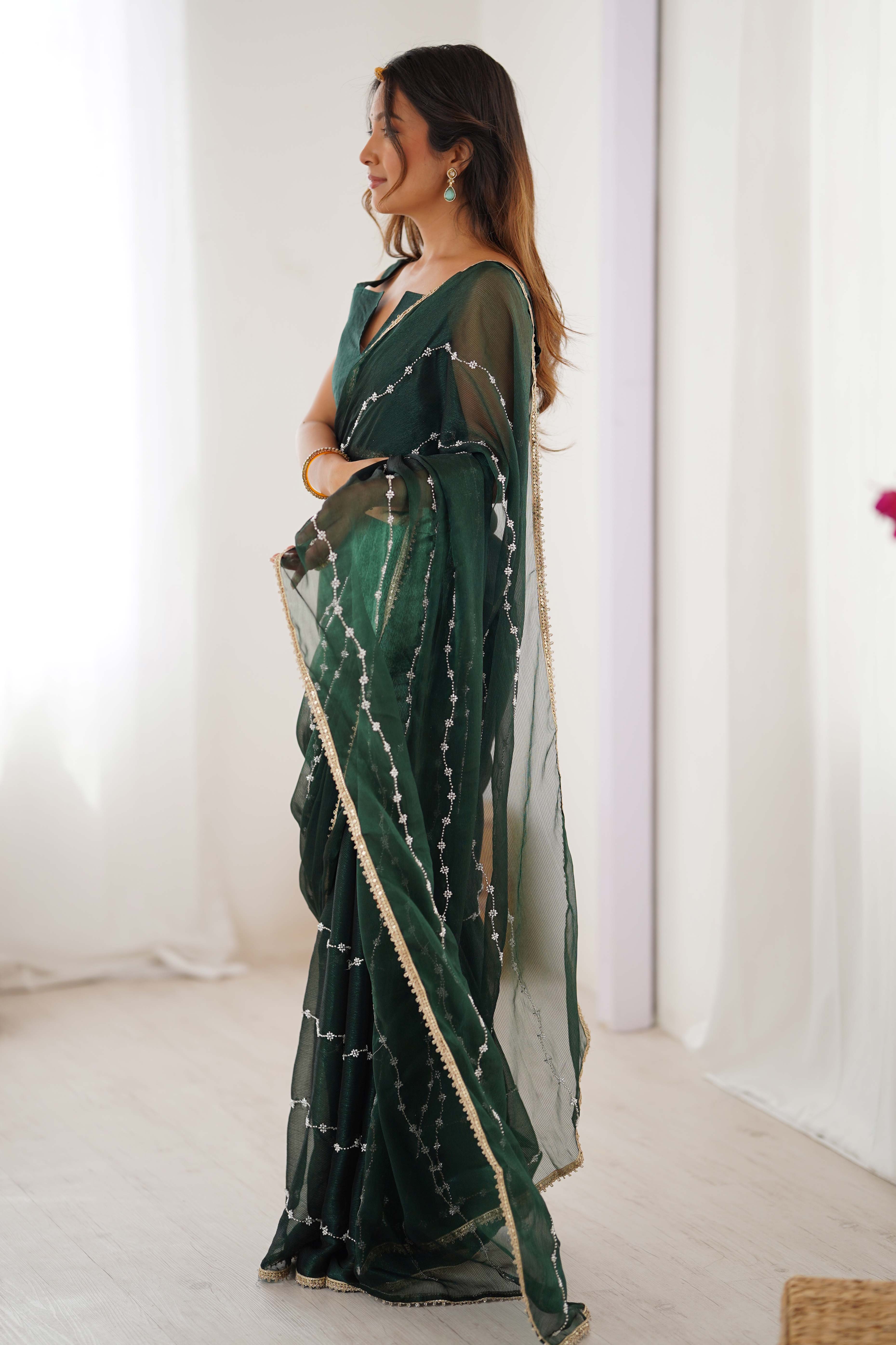 Green Embellished Organza Saree With Delicate Linear Beads & Stones detailing