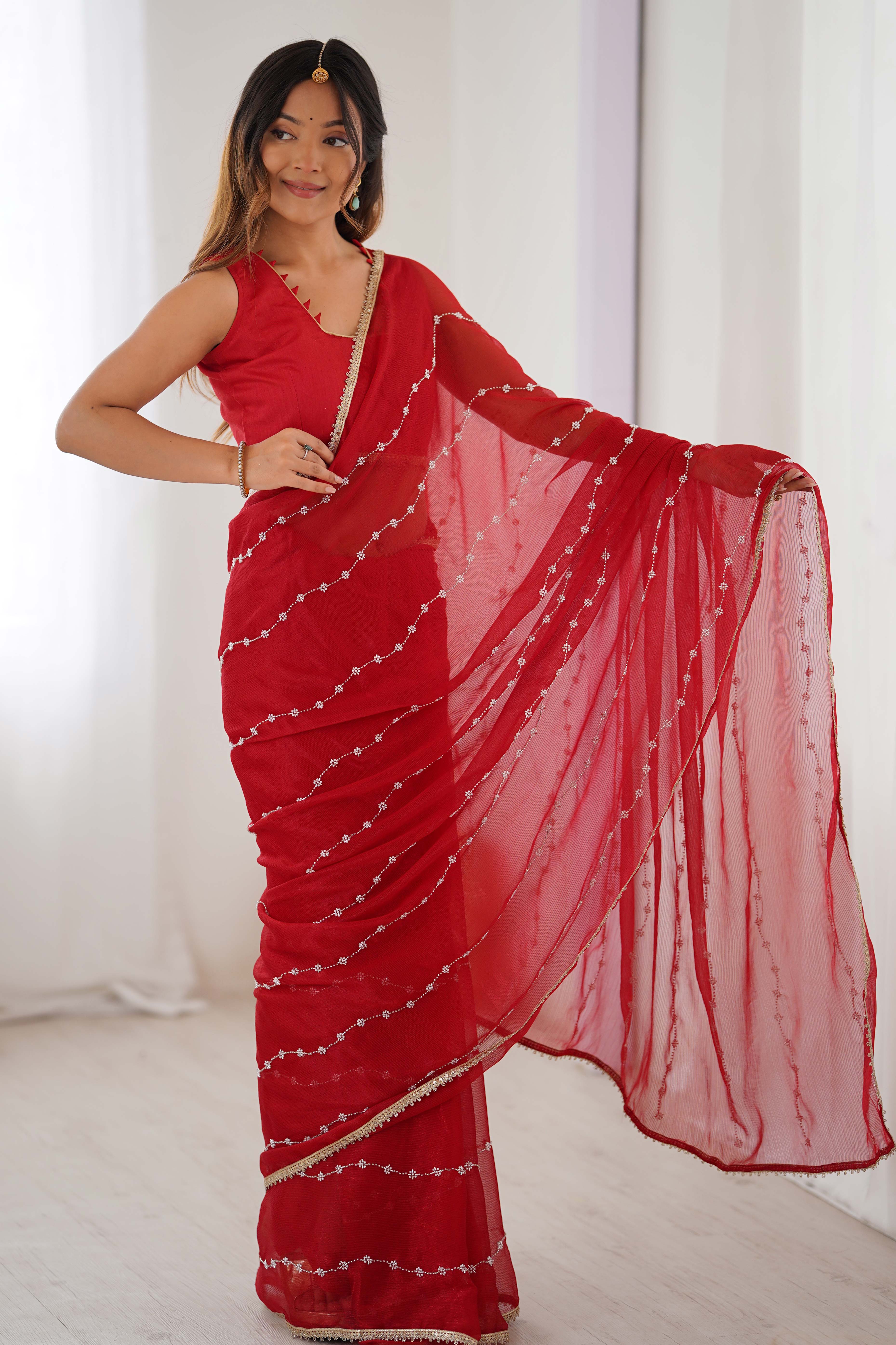 Red Embellished Organza Saree With Delicate Linear Beads & Stones detailing