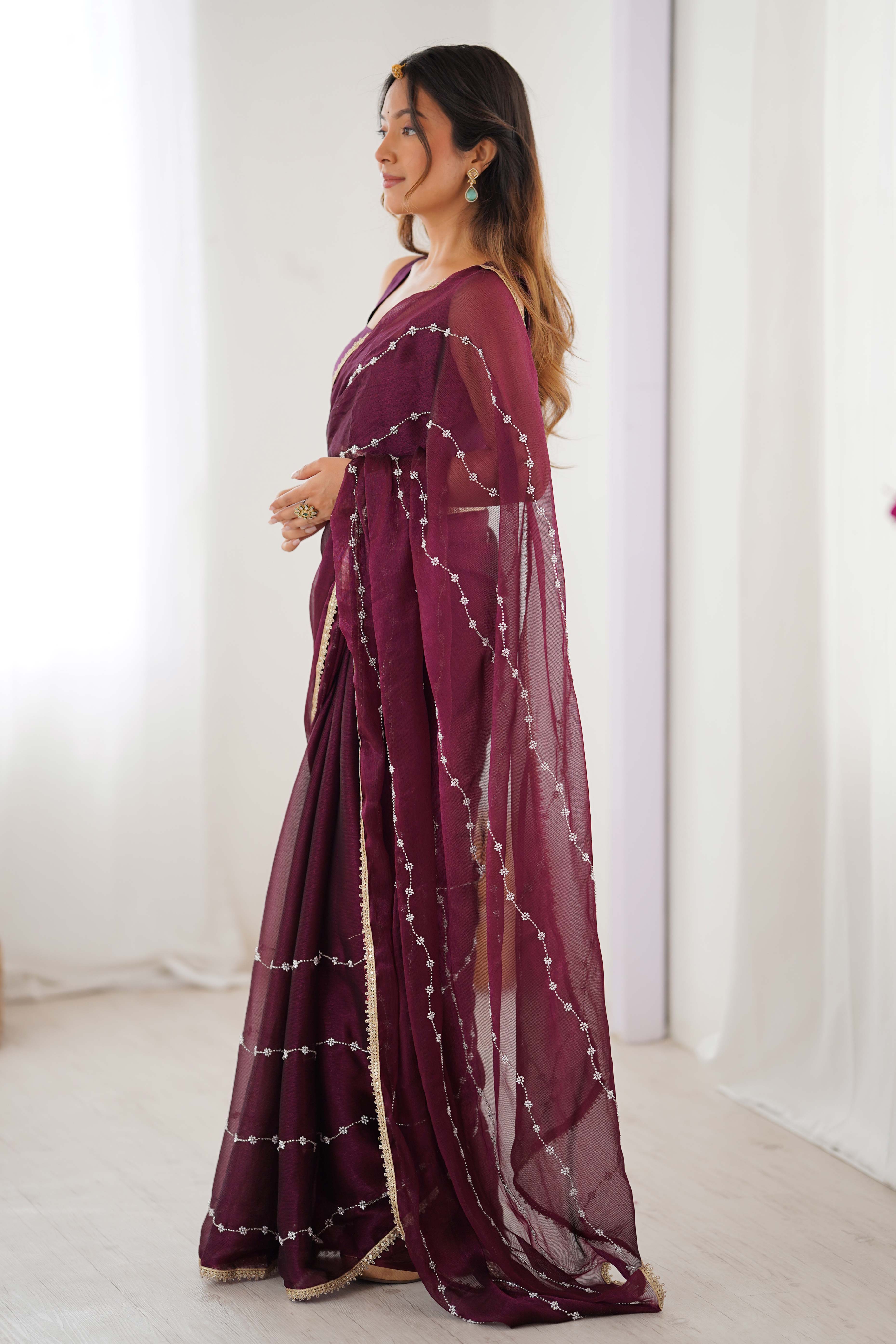 Wine Embellished Organza Saree With Delicate Linear Beads & Stones detailing