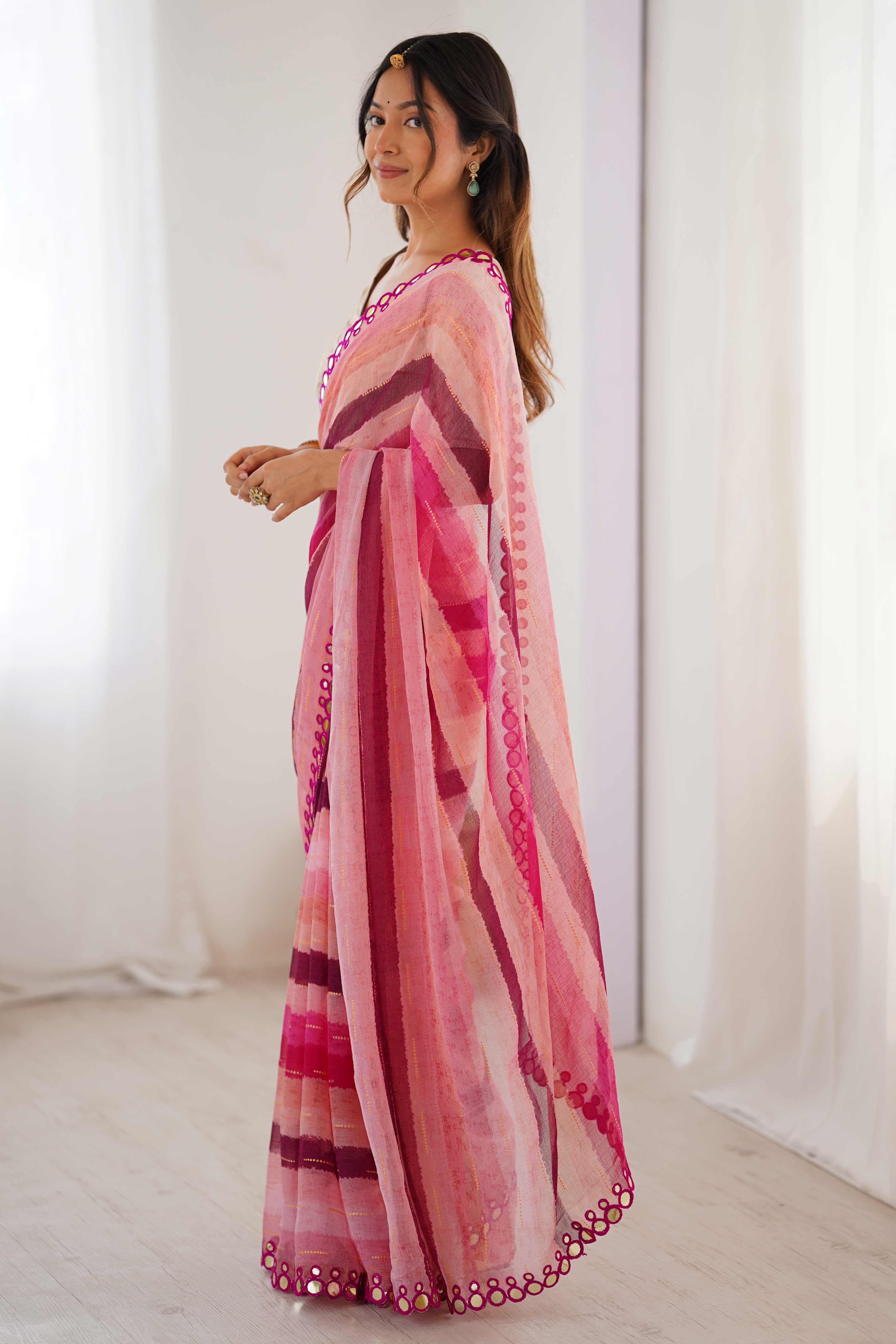 Soft Chiffon Pink Saree Featuring Classic Leheriya and Mirror Work Edges