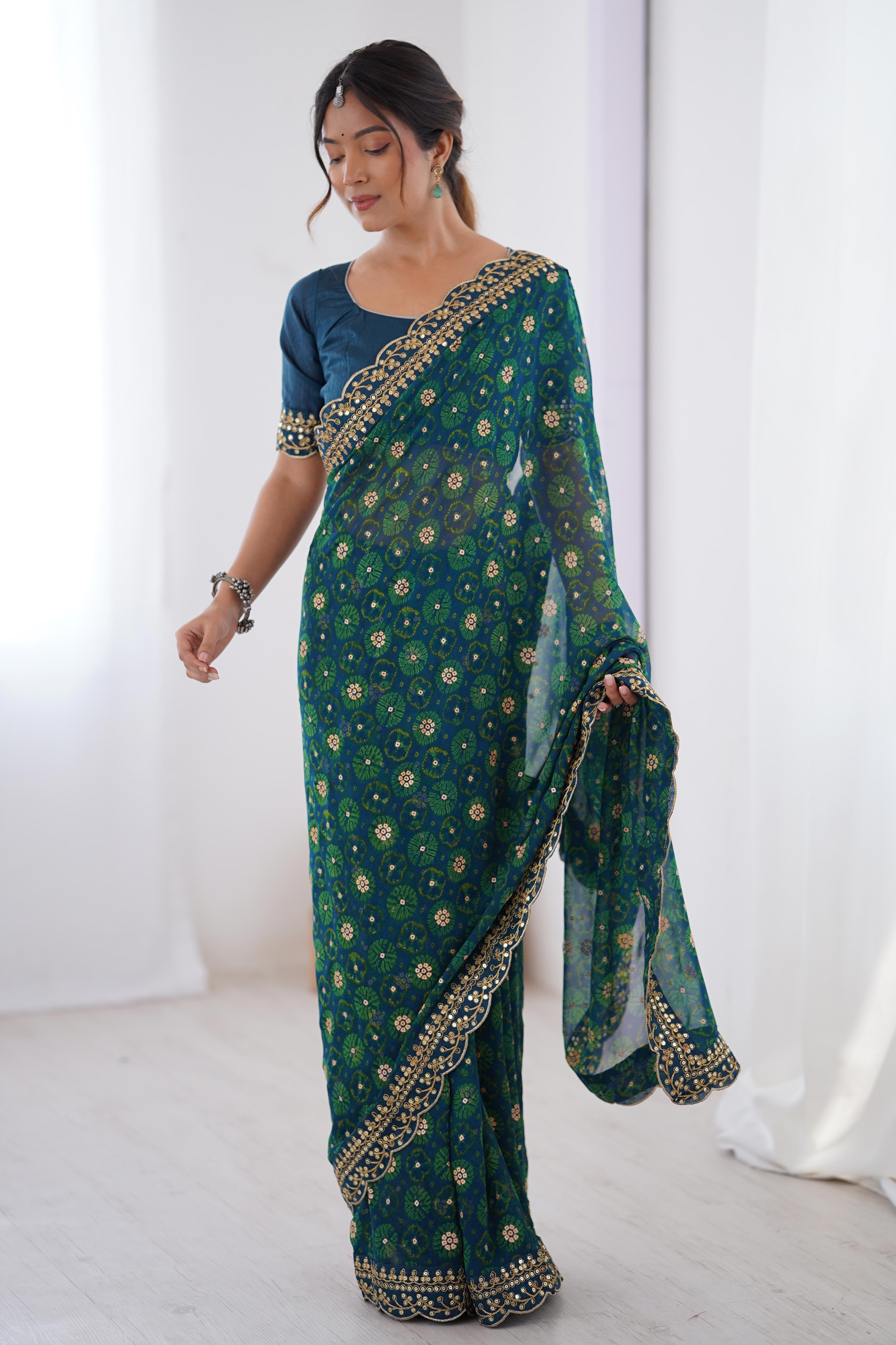 Soft Georgette Blue Saree with Playful Print and Delicate Sequin Lace Work