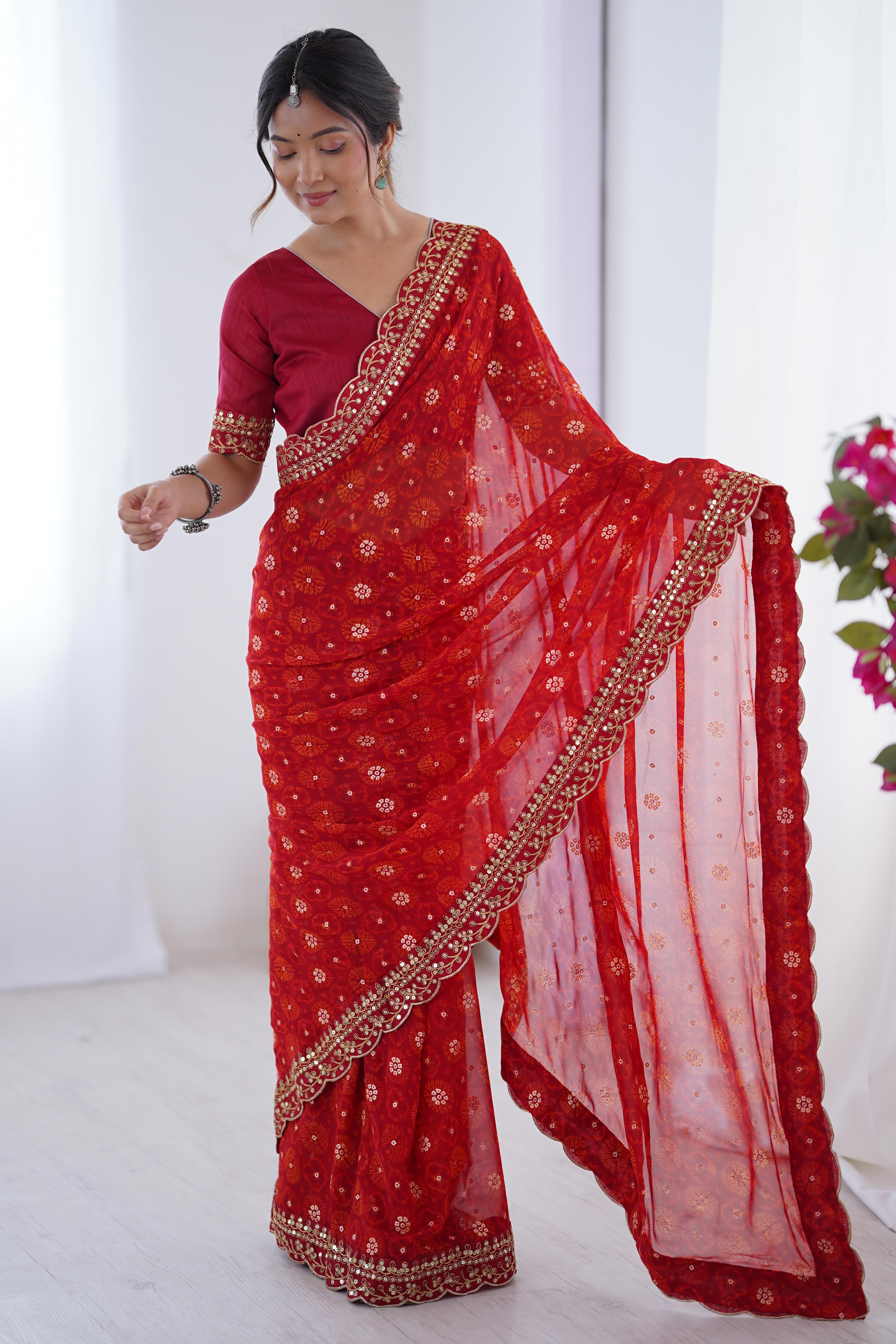 Soft Georgette Red Saree with Playful Print and Delicate Sequin Lace Work