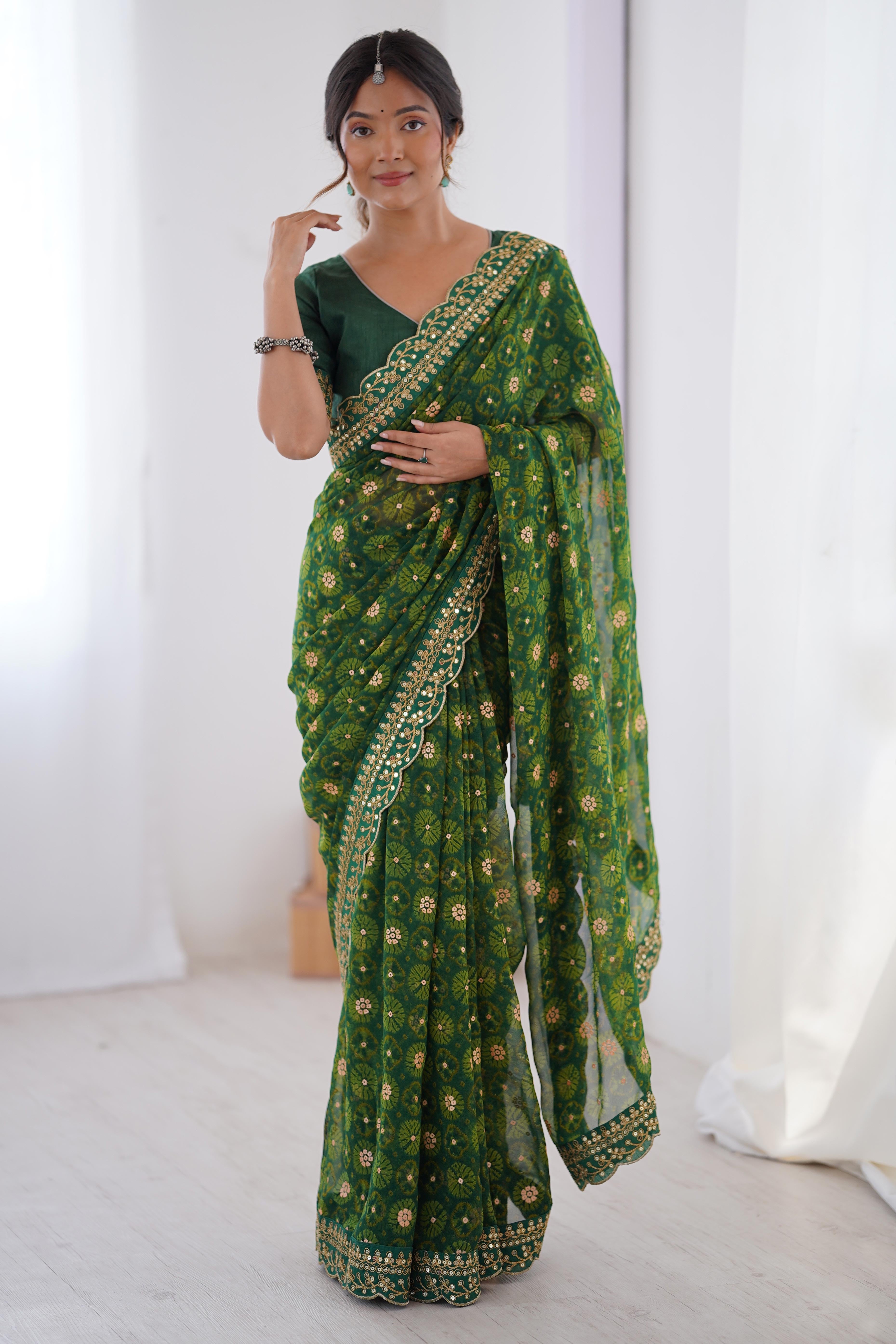 Soft Georgette Green Saree with Playful Print and Delicate Sequin Lace Work