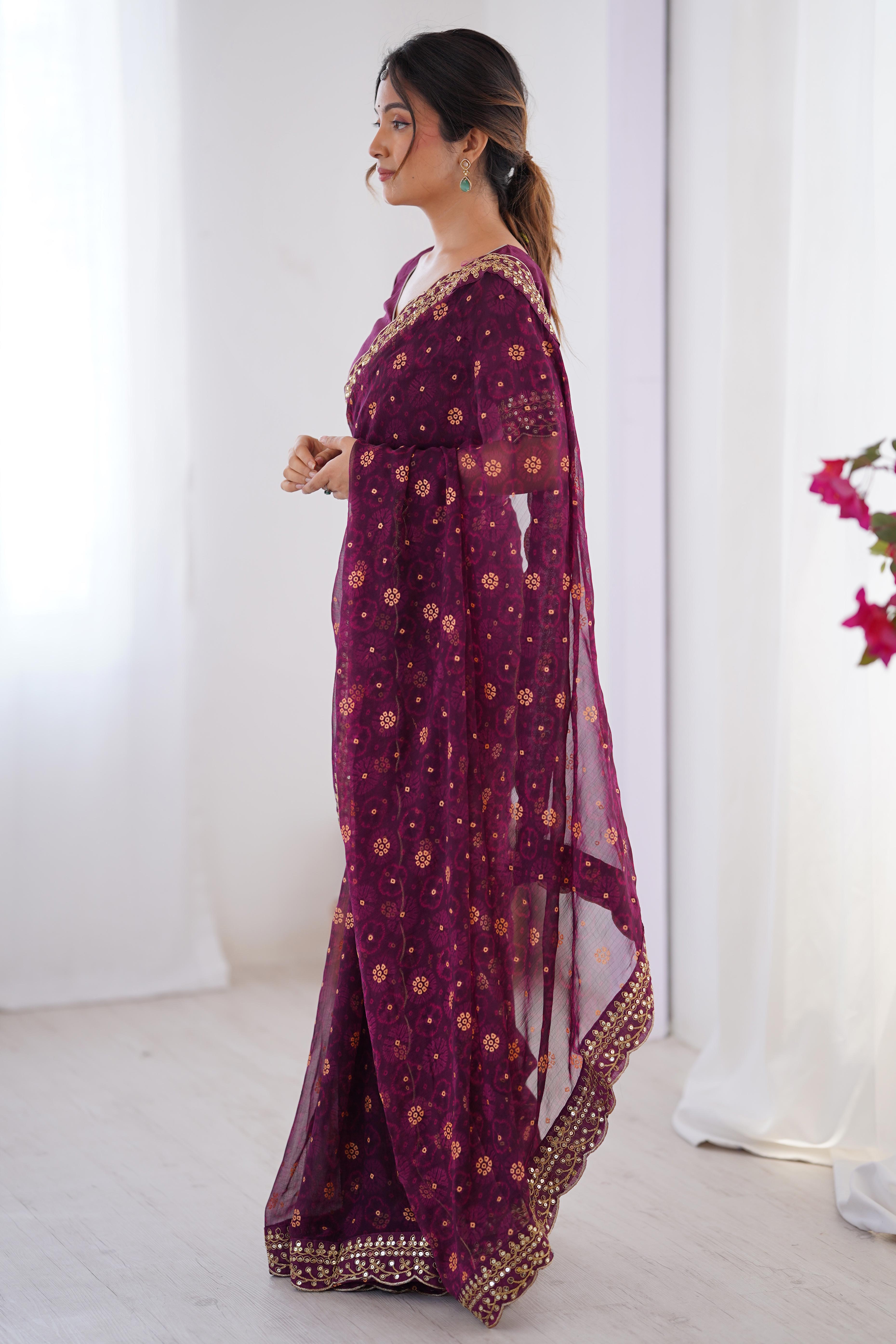 Soft Georgette Wine Saree with Playful Print and Delicate Sequin Lace Work