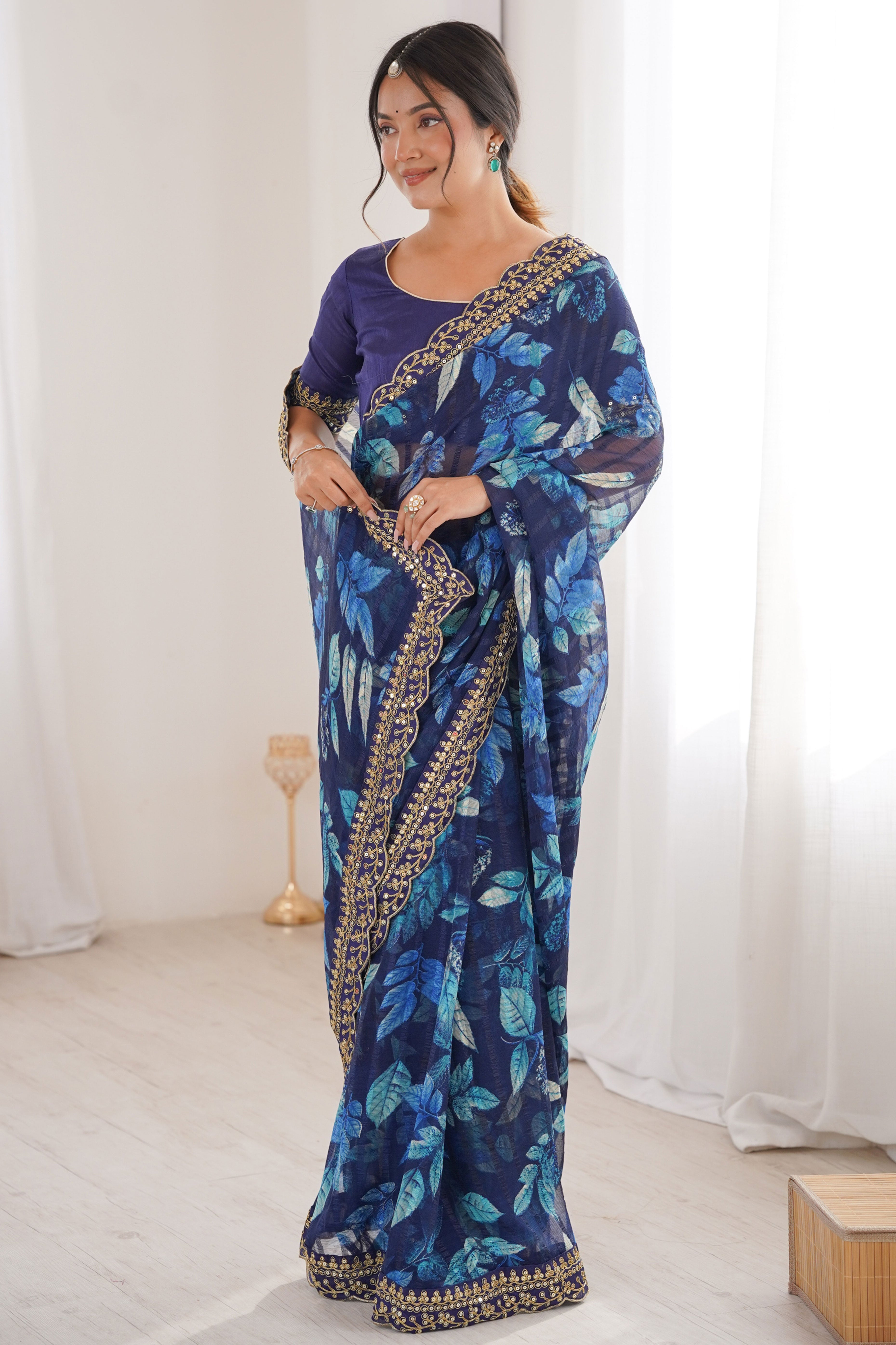 Elegant Blue Leaf & Floral Print Georgette Saree With Intricate Cording Sequins Embroidery Border