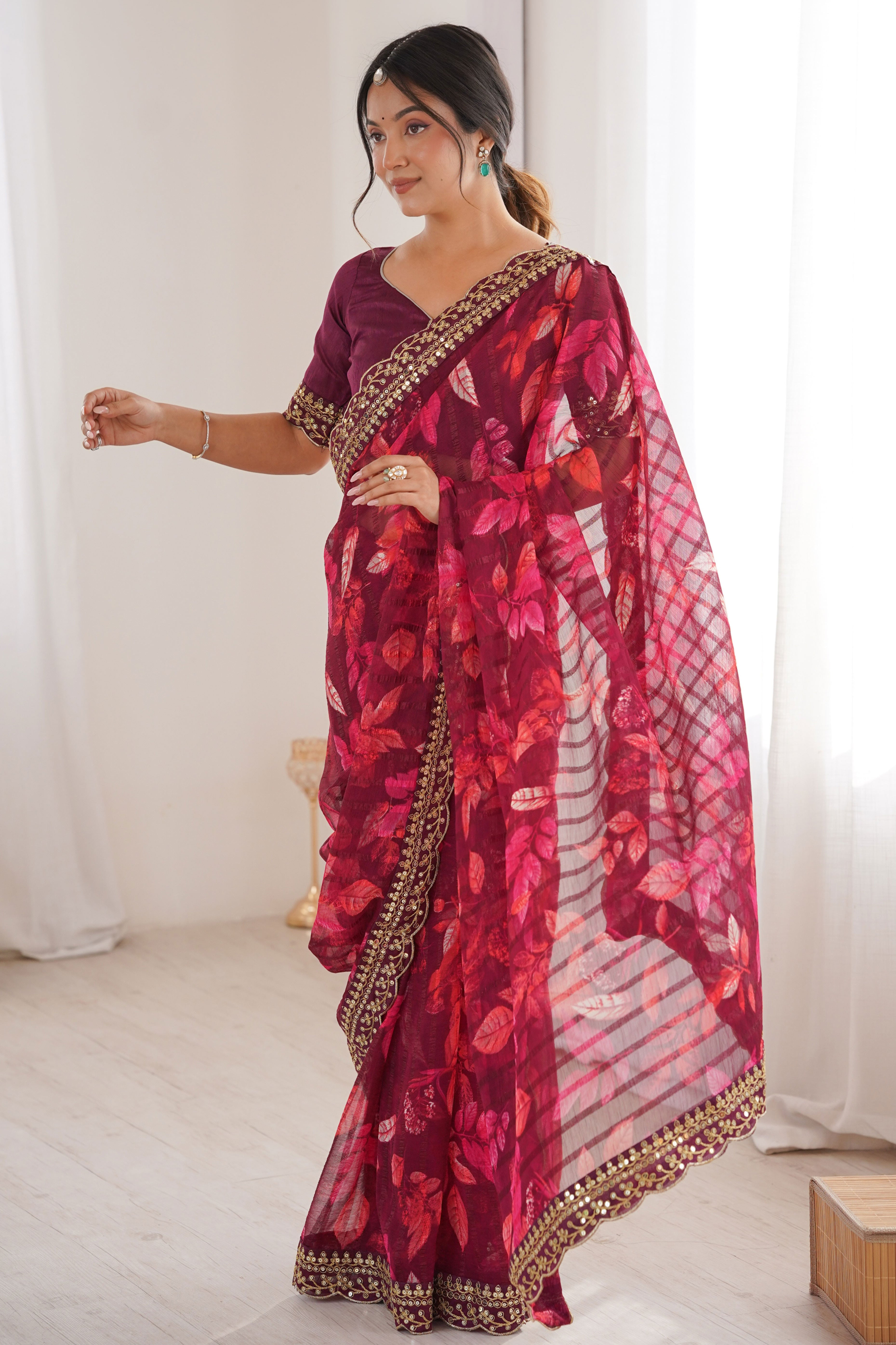 Elegant Wine Leaf & Floral Print Georgette Saree With Intricate Cording Sequins Embroidery Border