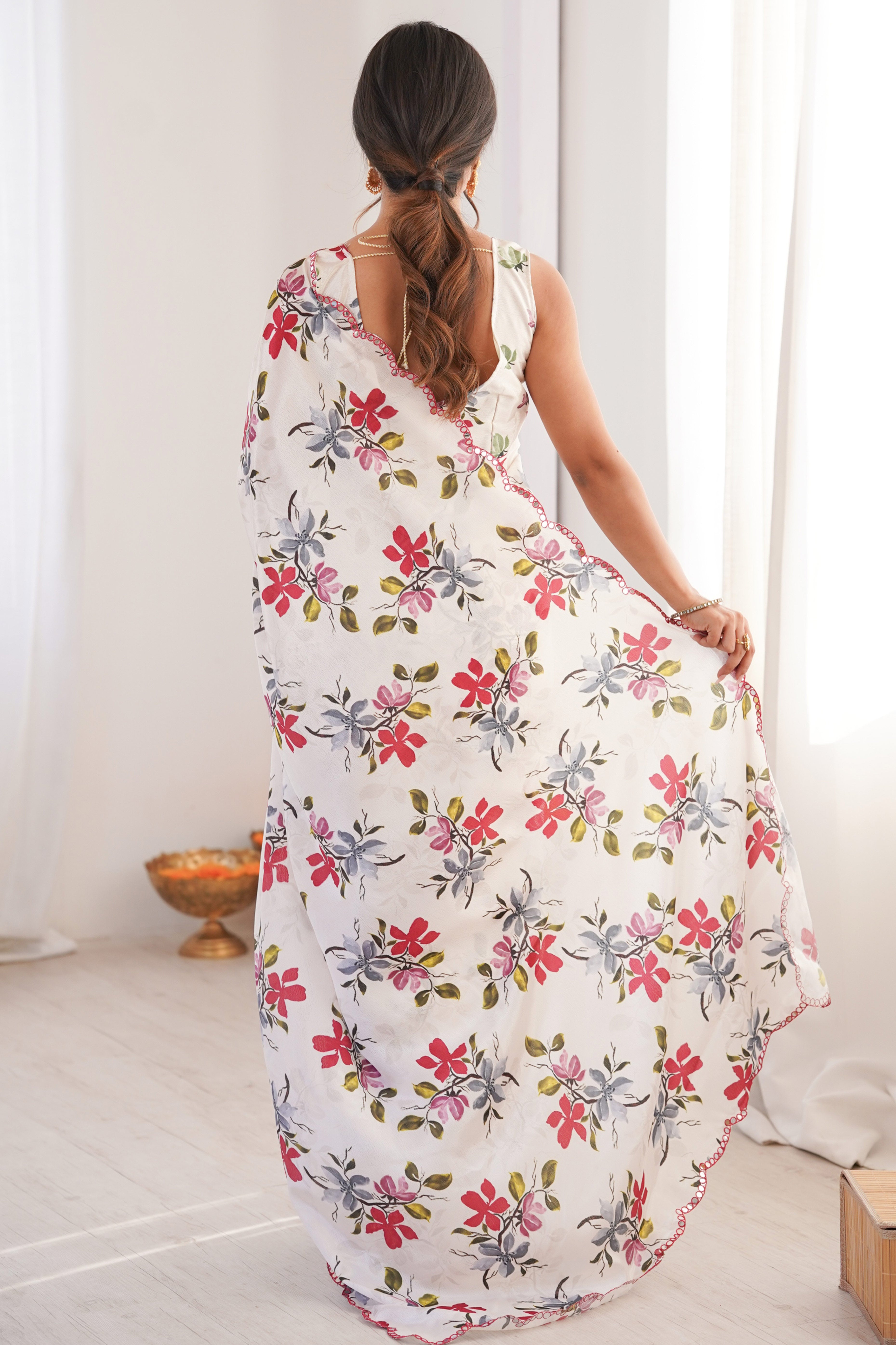 Graceful White Floral Digital Print Chinon Saree With Delicate Embroidered Border Detailing