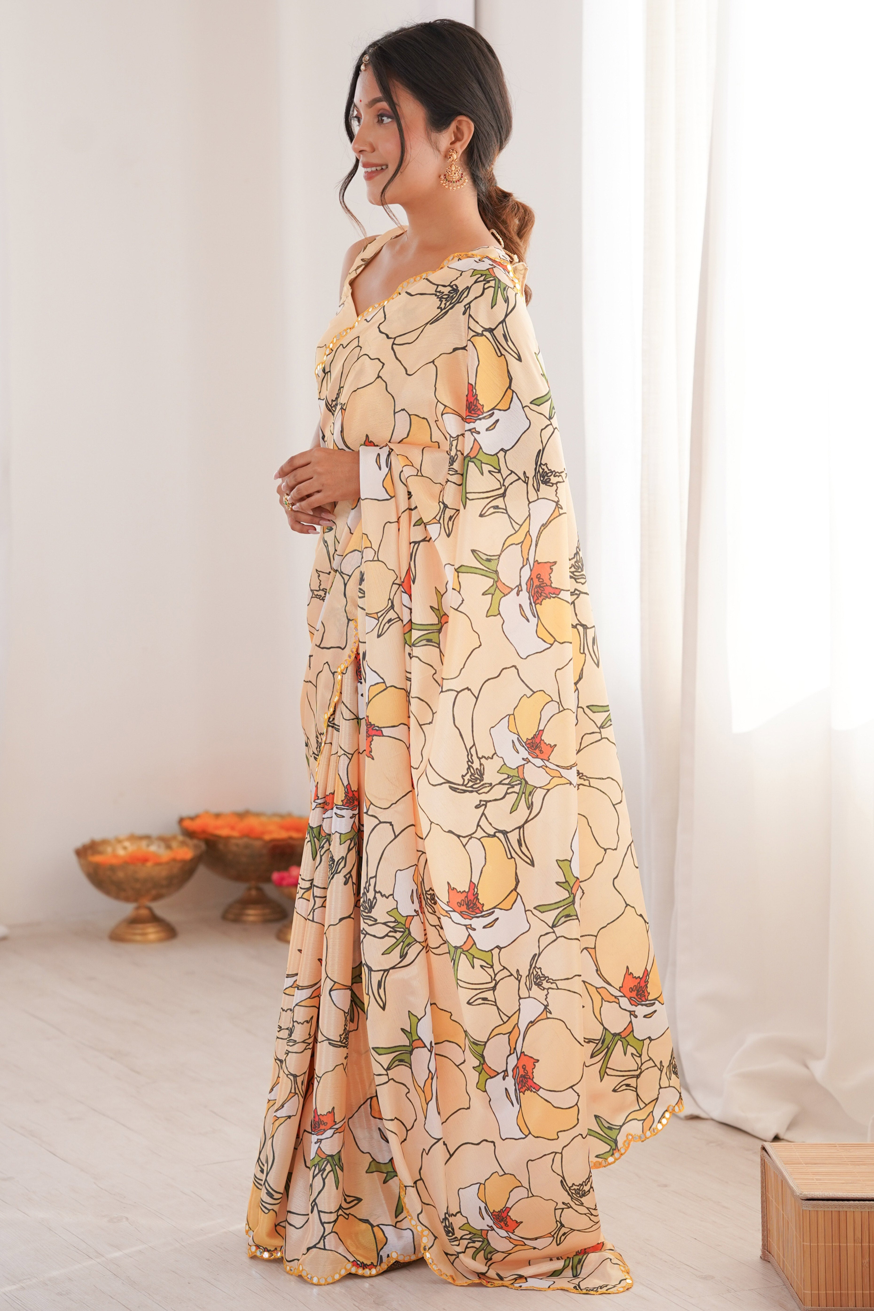 Contemporary Cream Floral Digital Printed Chinon Saree Showcasing Fine Embroidered Border Detailing